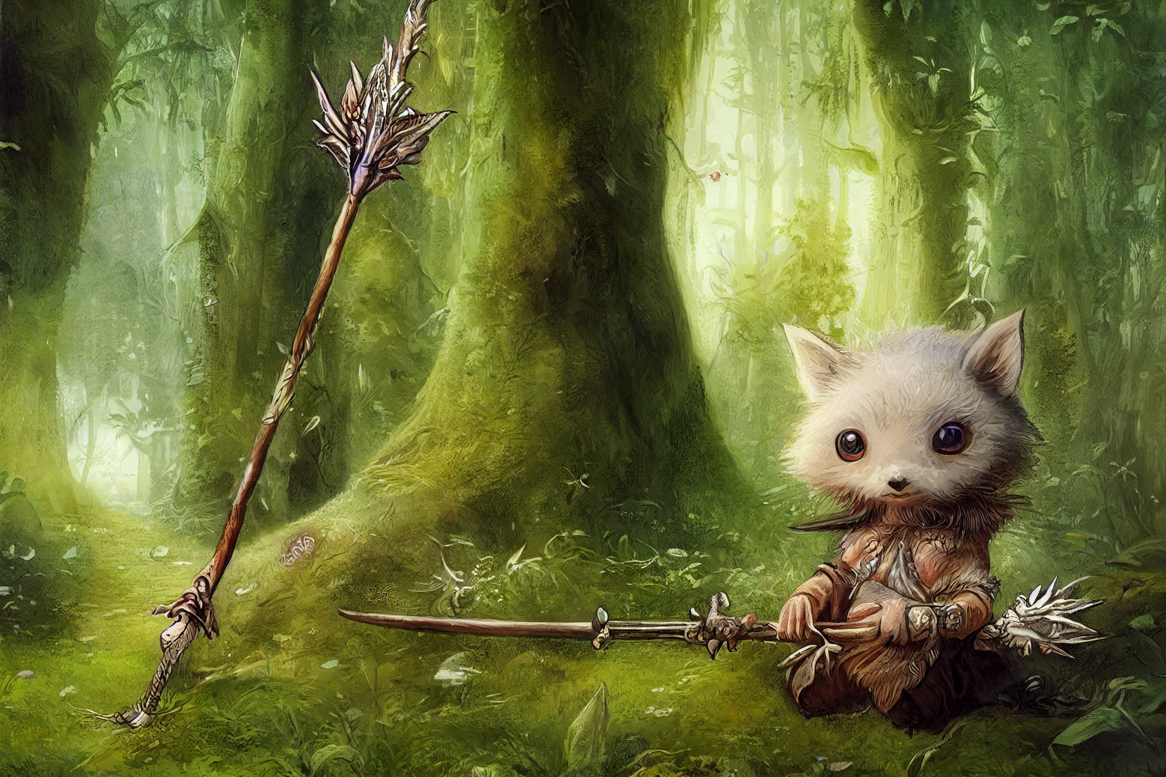 Fantasy creature with weapons in a green forest HD Wallpaper
