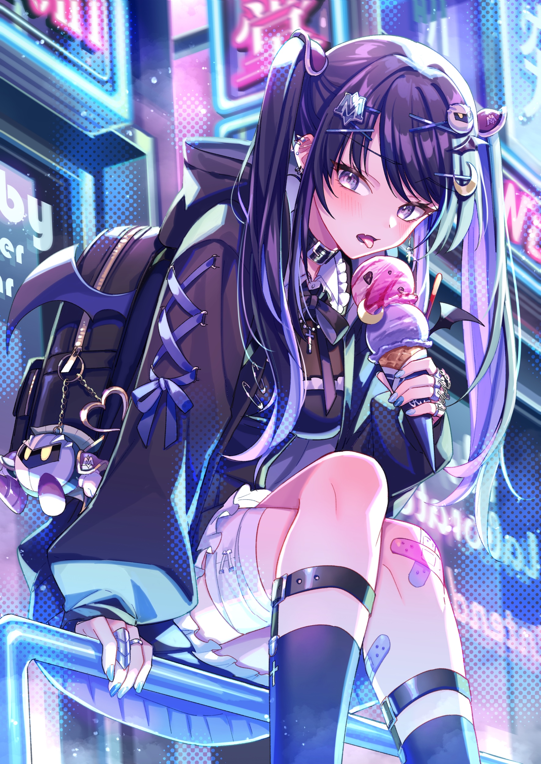 Girl with twintails eating ice cream in neon city HD Phone Wallpaper