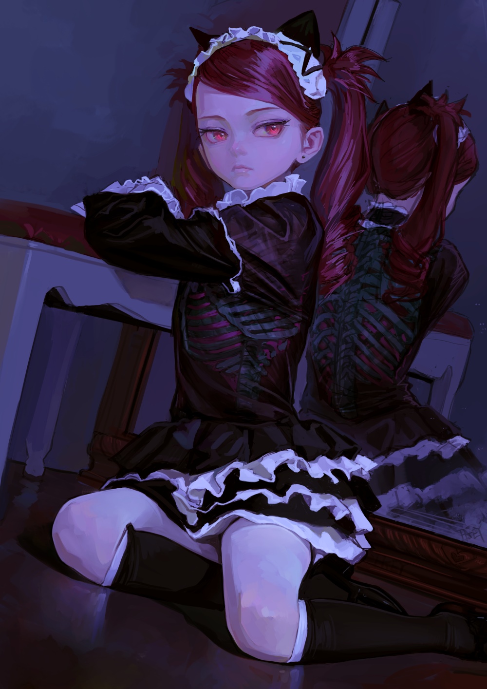 Girl with twintails and red eyes in a maid outfit HD Phone Wallpaper