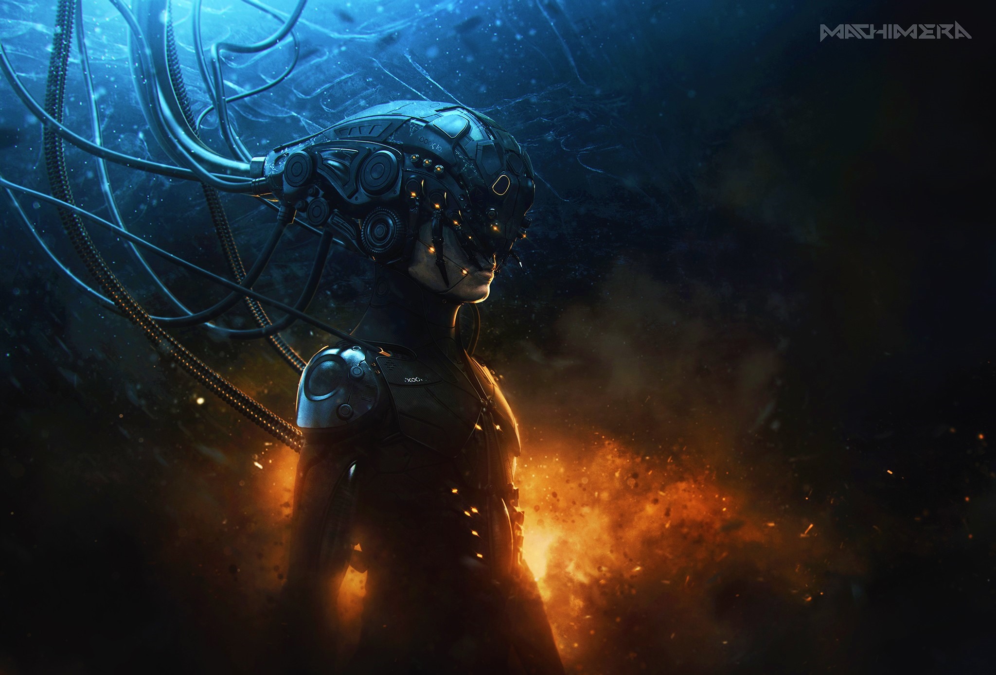 Cyberpunk character with wires and glowing lights HD Wallpaper