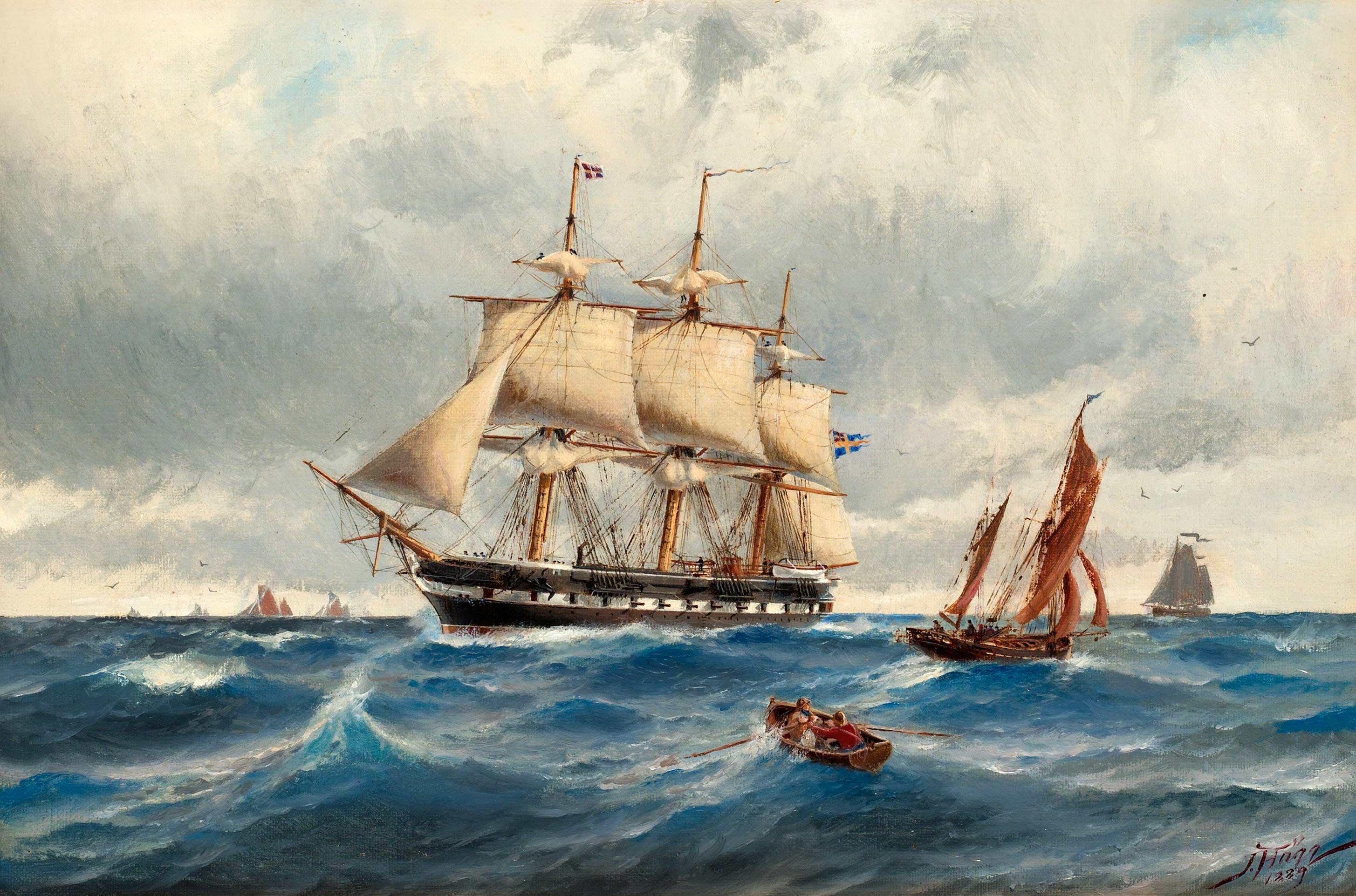 Painting of a tall ship sailing on a wavy sea HD Wallpaper