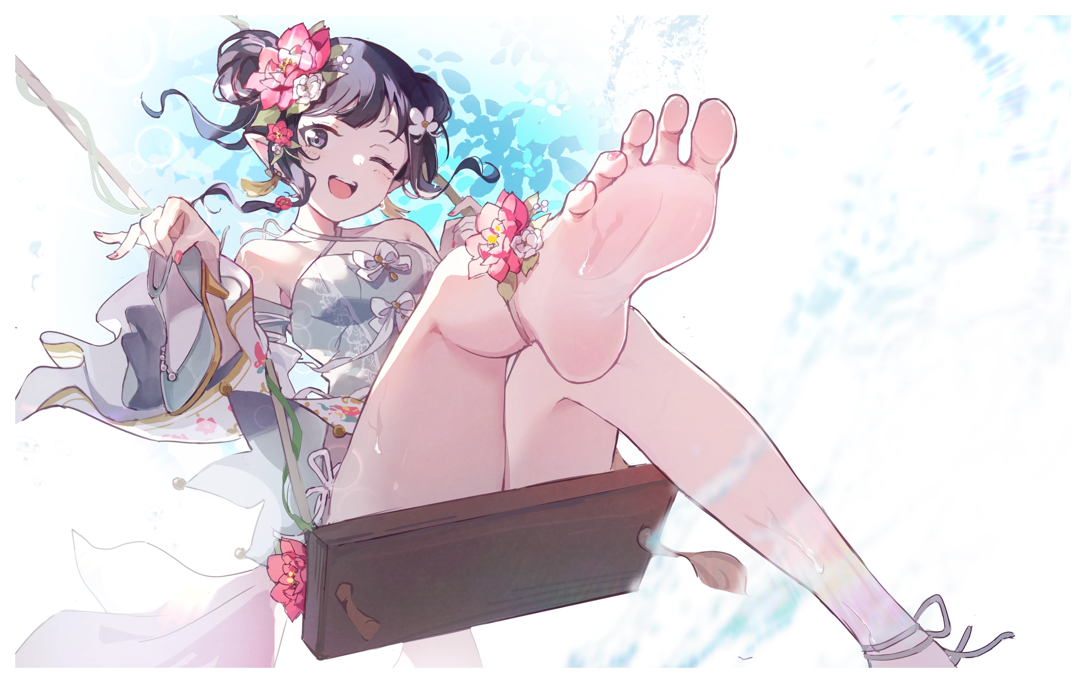 Anime girl with flowers on a swing HD Wallpaper
