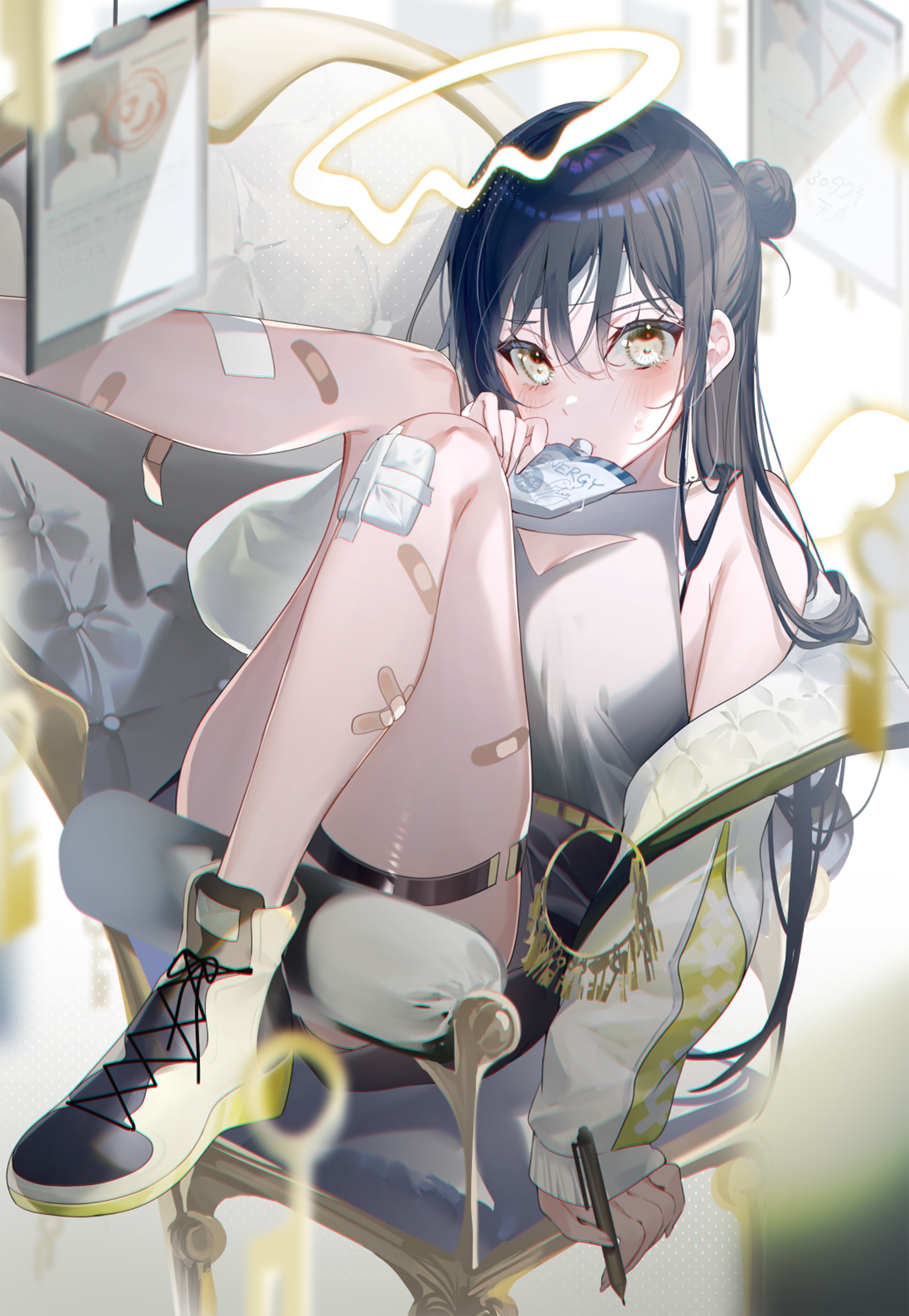 Girl with Band-Aids and Halo Sitting on Chair HD Phone Wallpaper