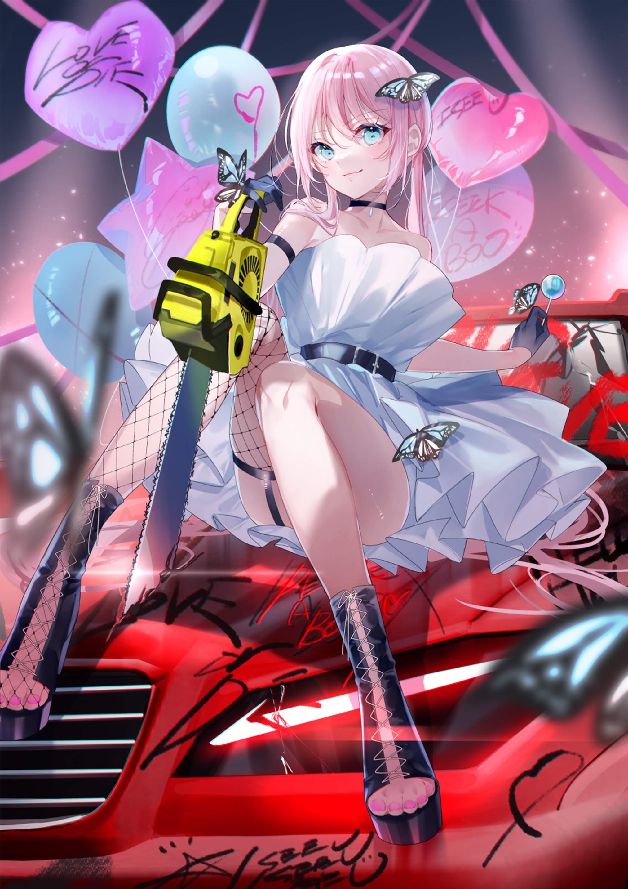 Girl with pink hair and chainsaw on a car HD Phone Wallpaper