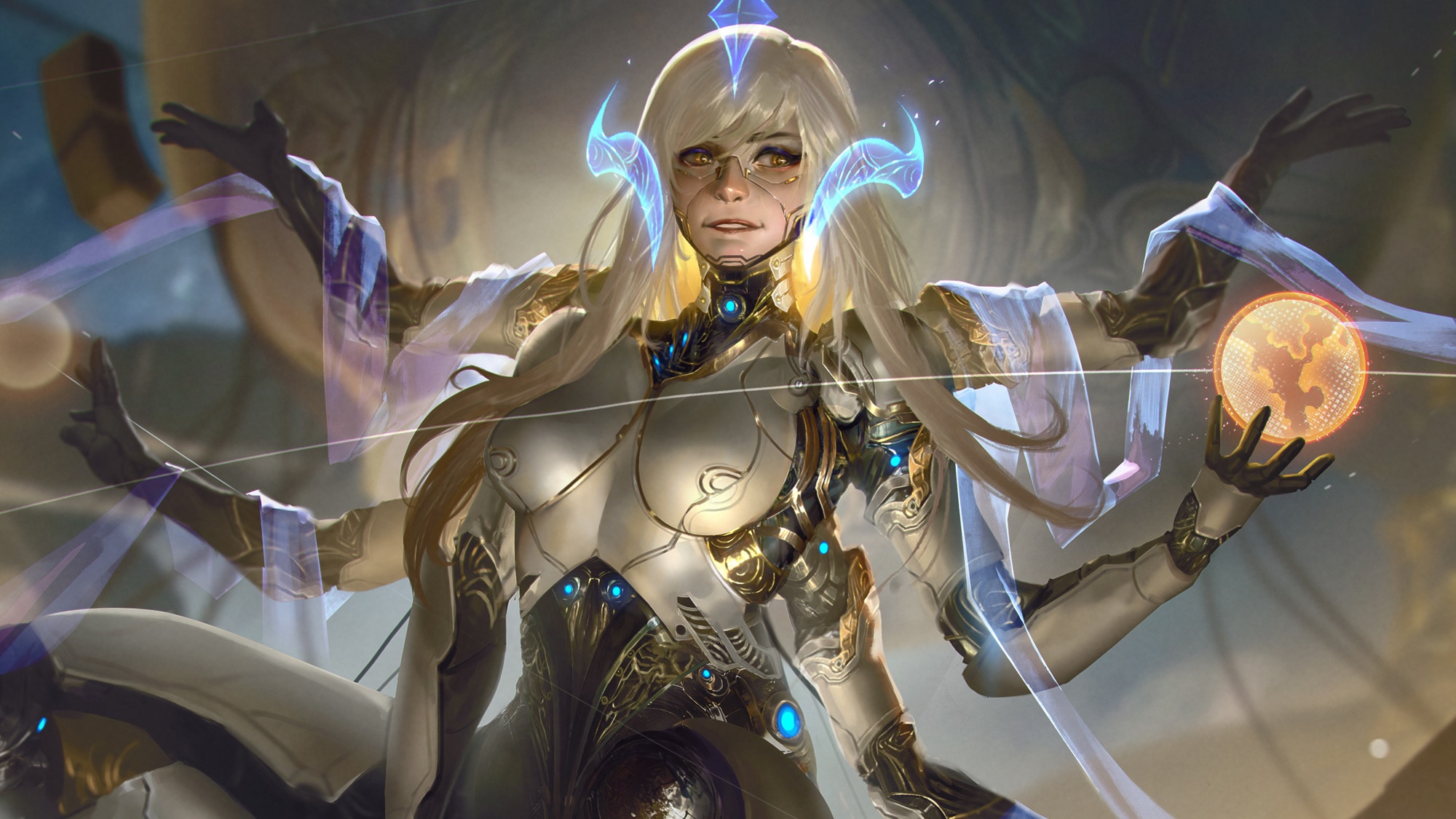 Fantasy art of a blonde woman with yellow eyes and robot armor HD Wallpaper