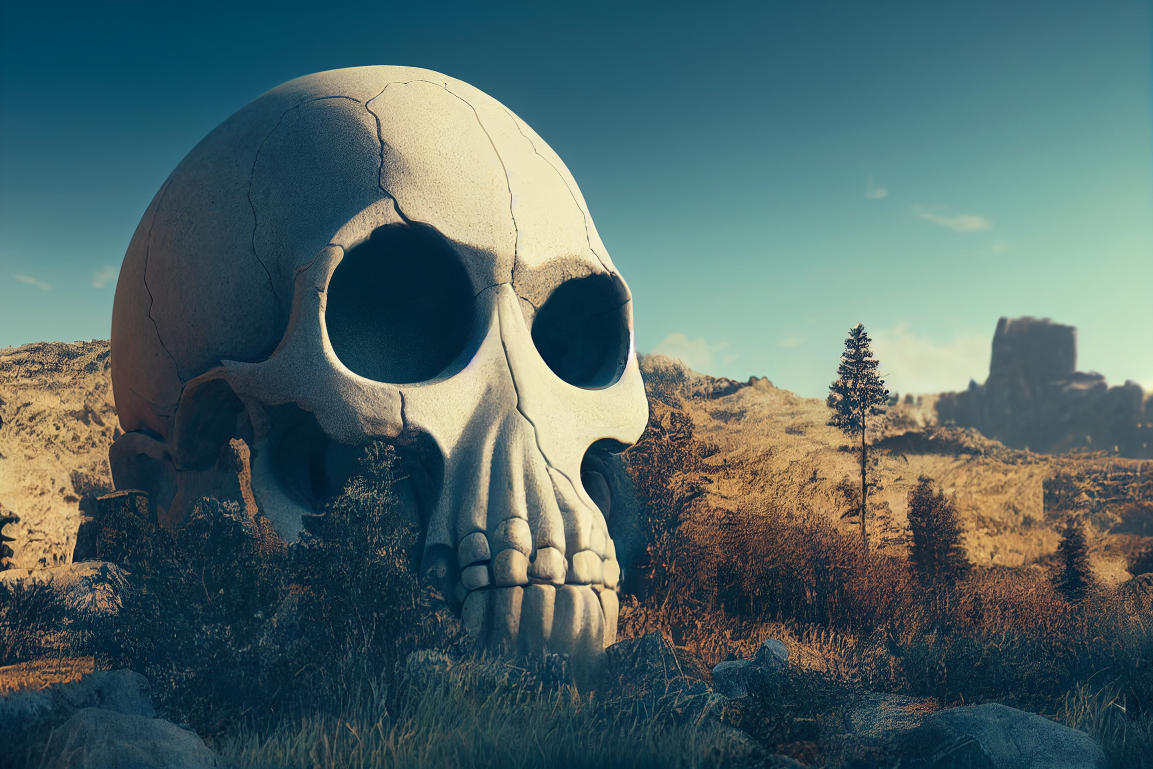 Giant skull in a desert landscape with rocks and trees HD Wallpaper
