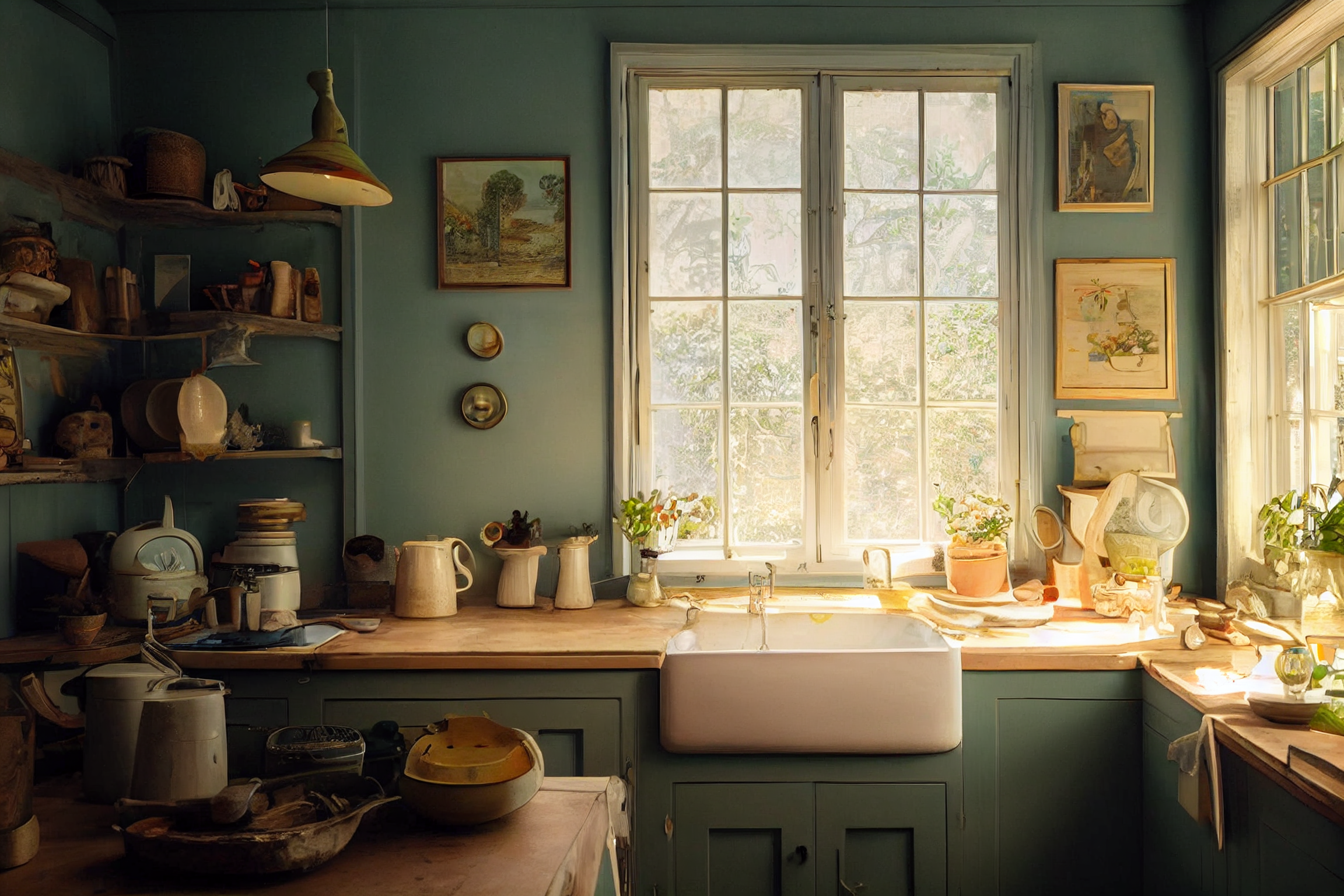 Cottage kitchen interior with a sink and window HD Wallpaper