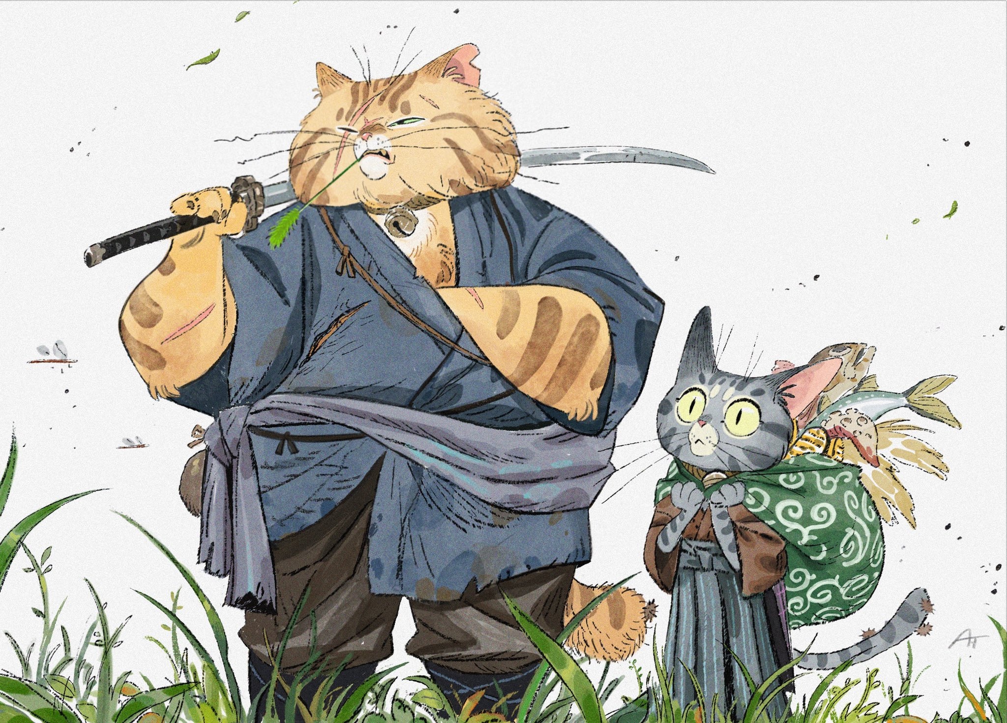 Two cats, one with a katana, the other with fish HD Wallpaper