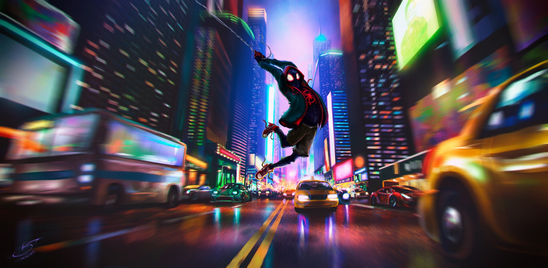 Miles Morales swinging through a neon-lit New York City street HD Wallpaper