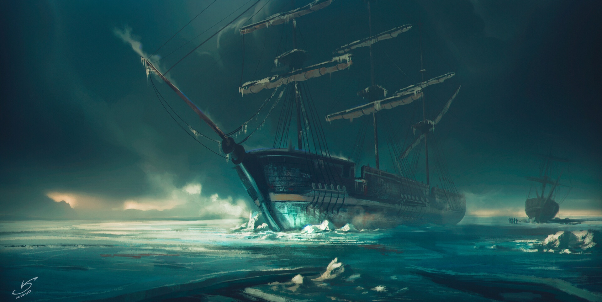 Pirate ship trapped in ice with another ship in the distance HD Wallpaper