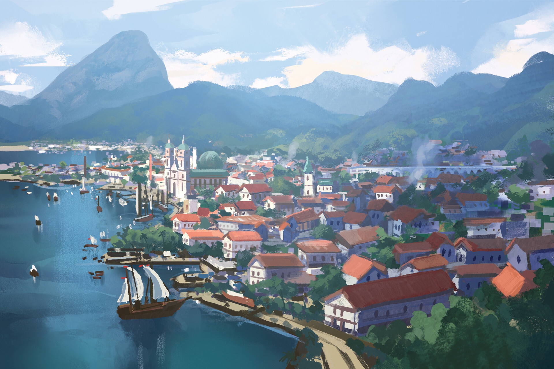 Coastal town with a large church and mountains in Brazil HD Wallpaper