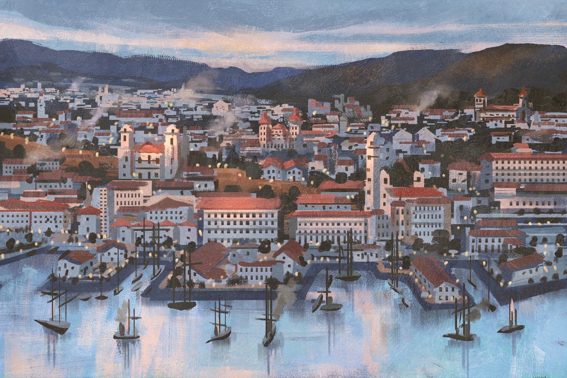 Coastal city with ships and mountains HD Wallpaper