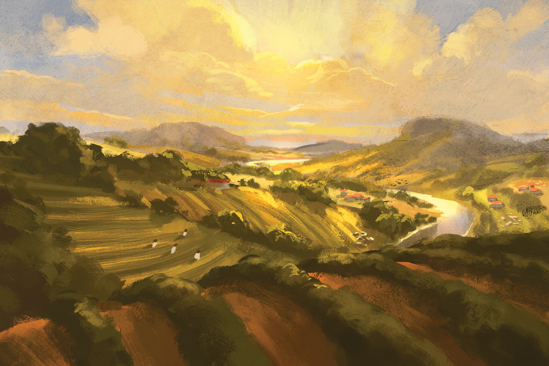 Valley landscape with rolling hills and a river at sunset HD Wallpaper