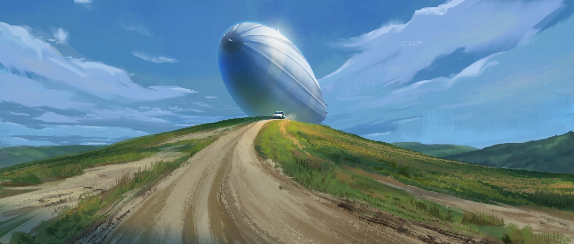 A blimp hovers over a grassy hill with a dirt road HD Wallpaper