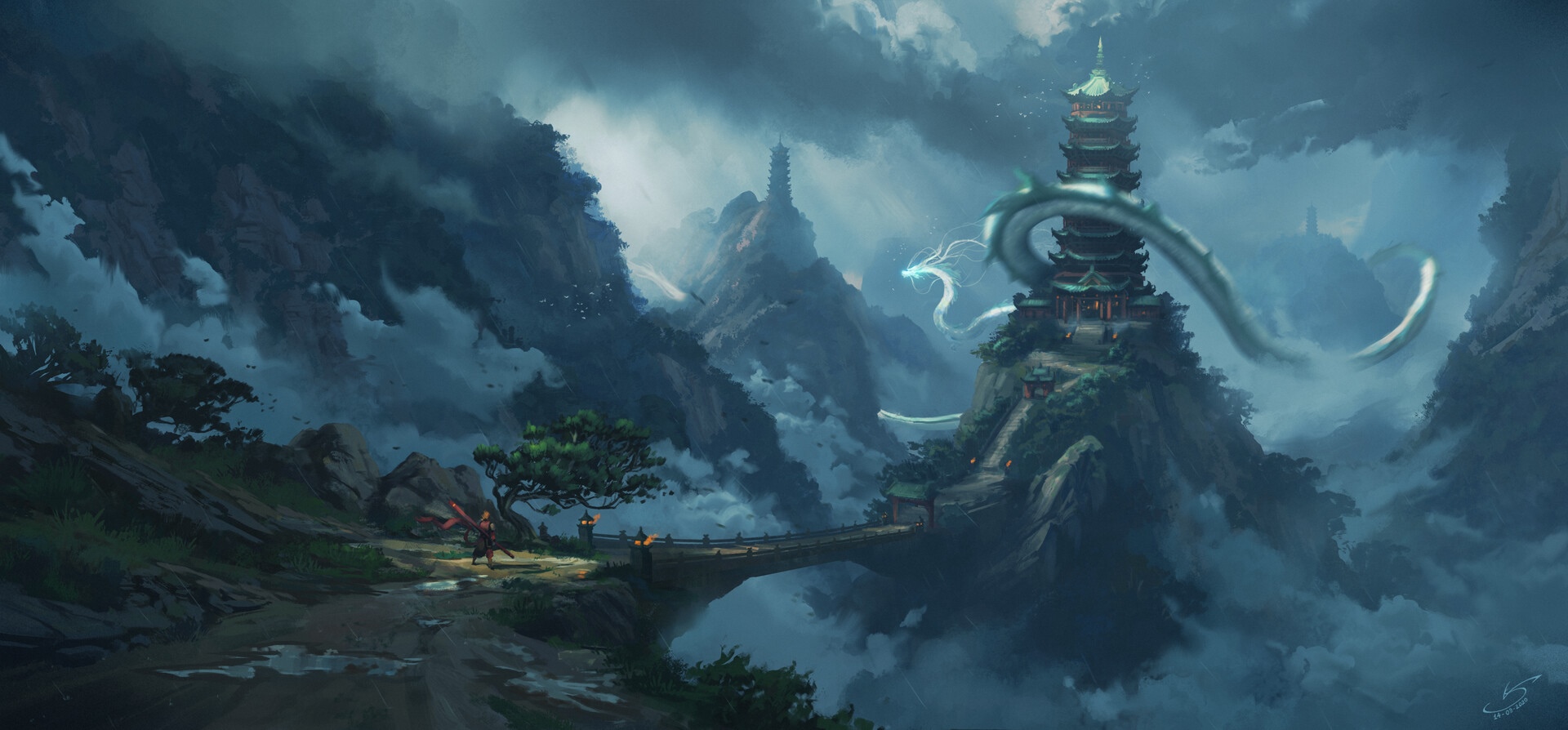 Chinese dragon circling a pagoda on a misty mountain HD Wallpaper