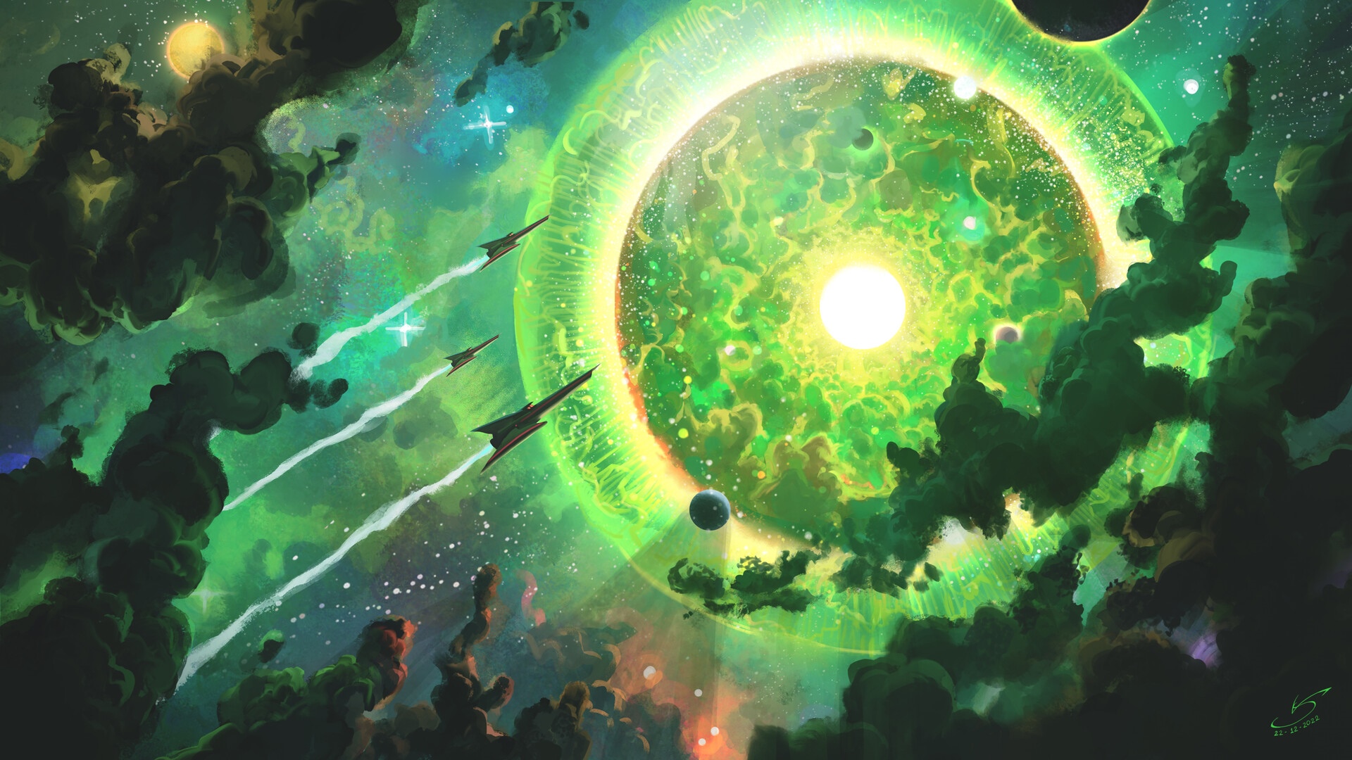 Spaceships approaching a glowing green planet in space HD Wallpaper
