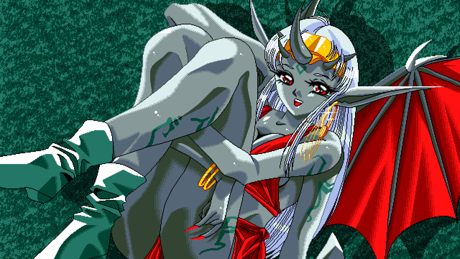 Demon girl with bat wings and horns in pixel art HD Wallpaper