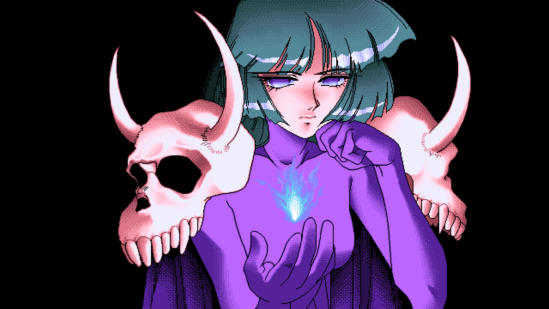 Anime girl with blue flames and skulls HD Wallpaper