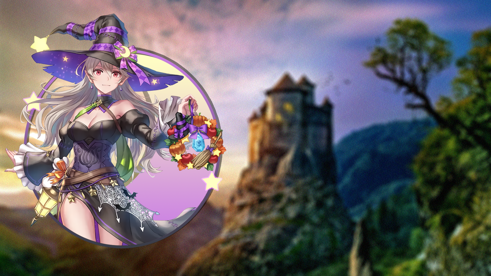 Corrin in a witch costume holding a Halloween wreath HD Wallpaper