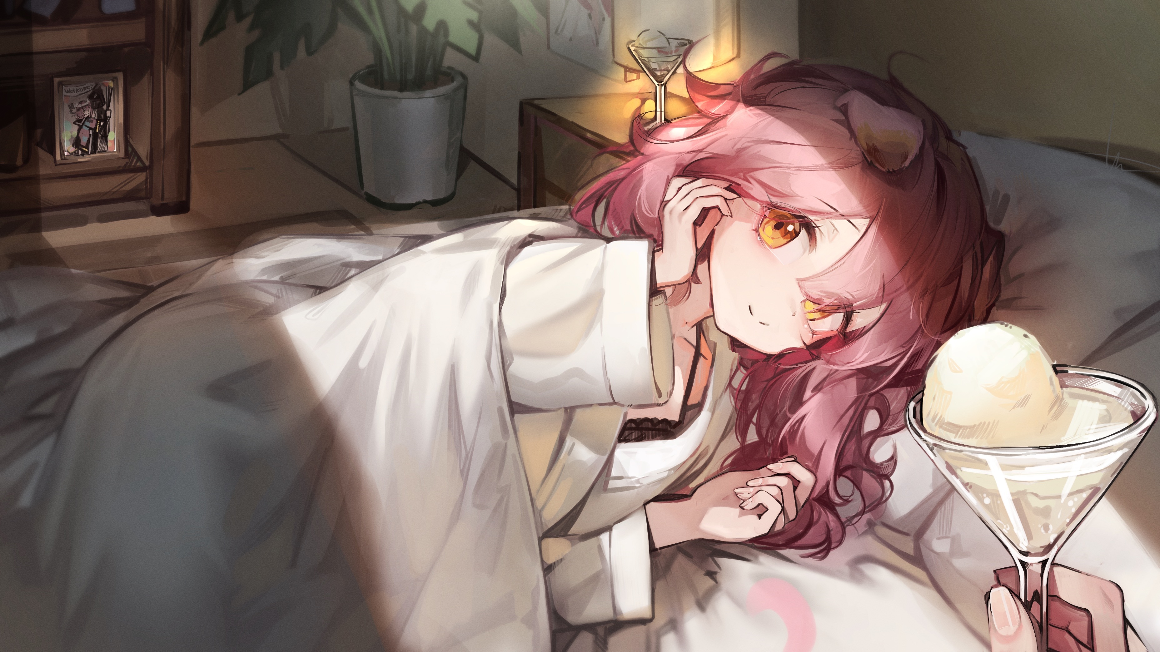 Goldenglow from Arknights with ice cream in bed HD Wallpaper