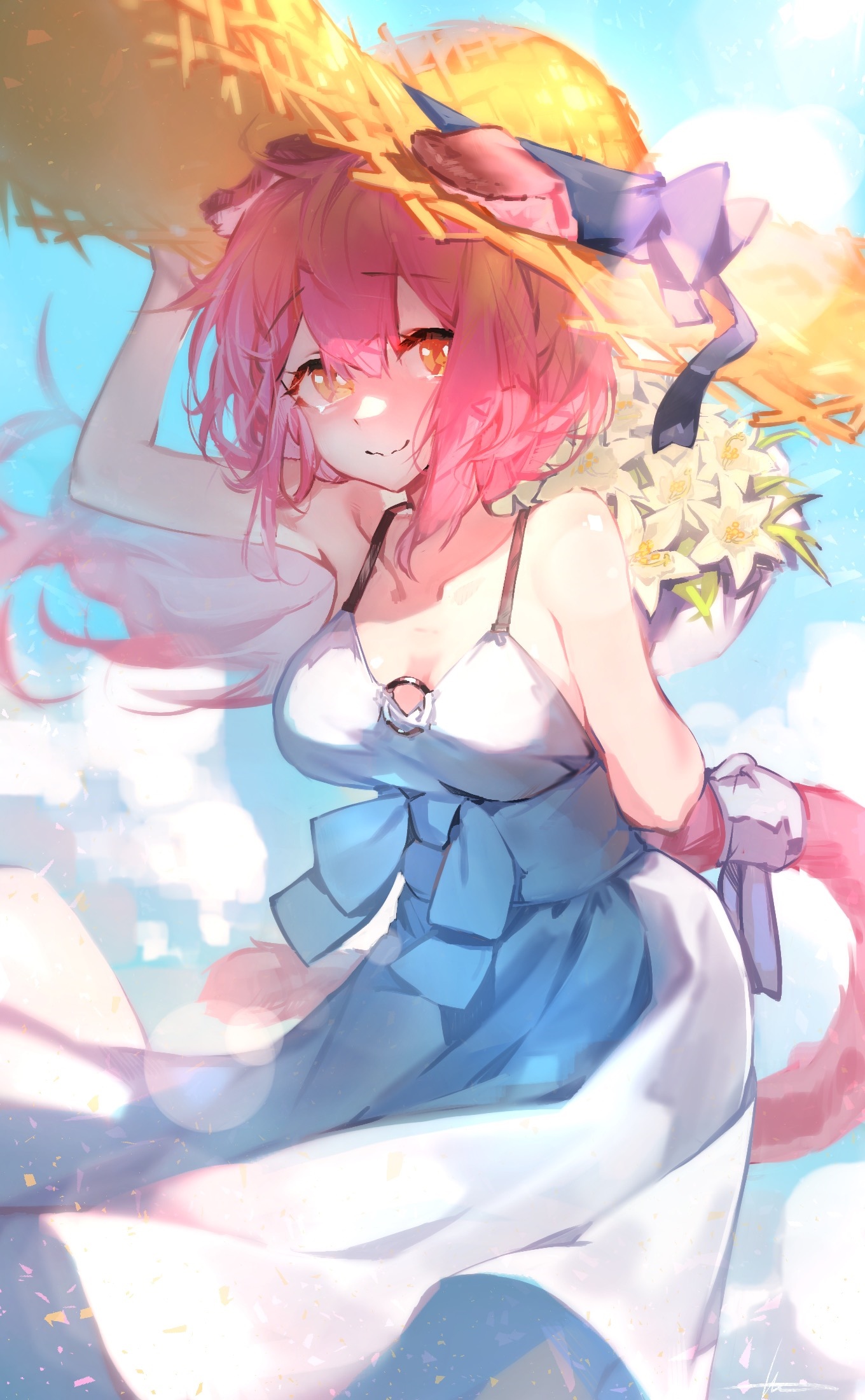 Arknights character with pink hair and straw hat HD Phone Wallpaper