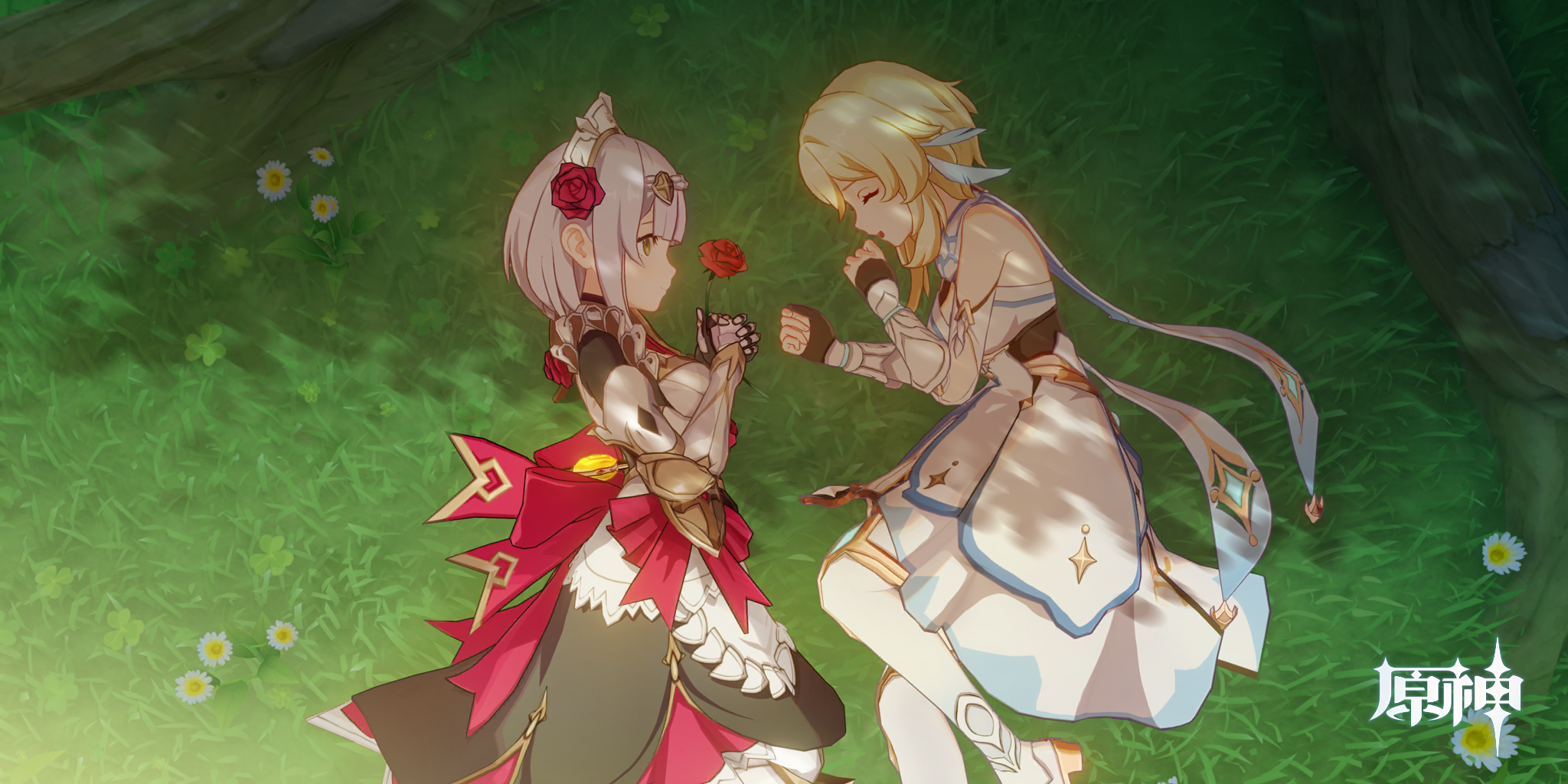 Genshin Impact: Noelle and Lumine with a rose HD Wallpaper