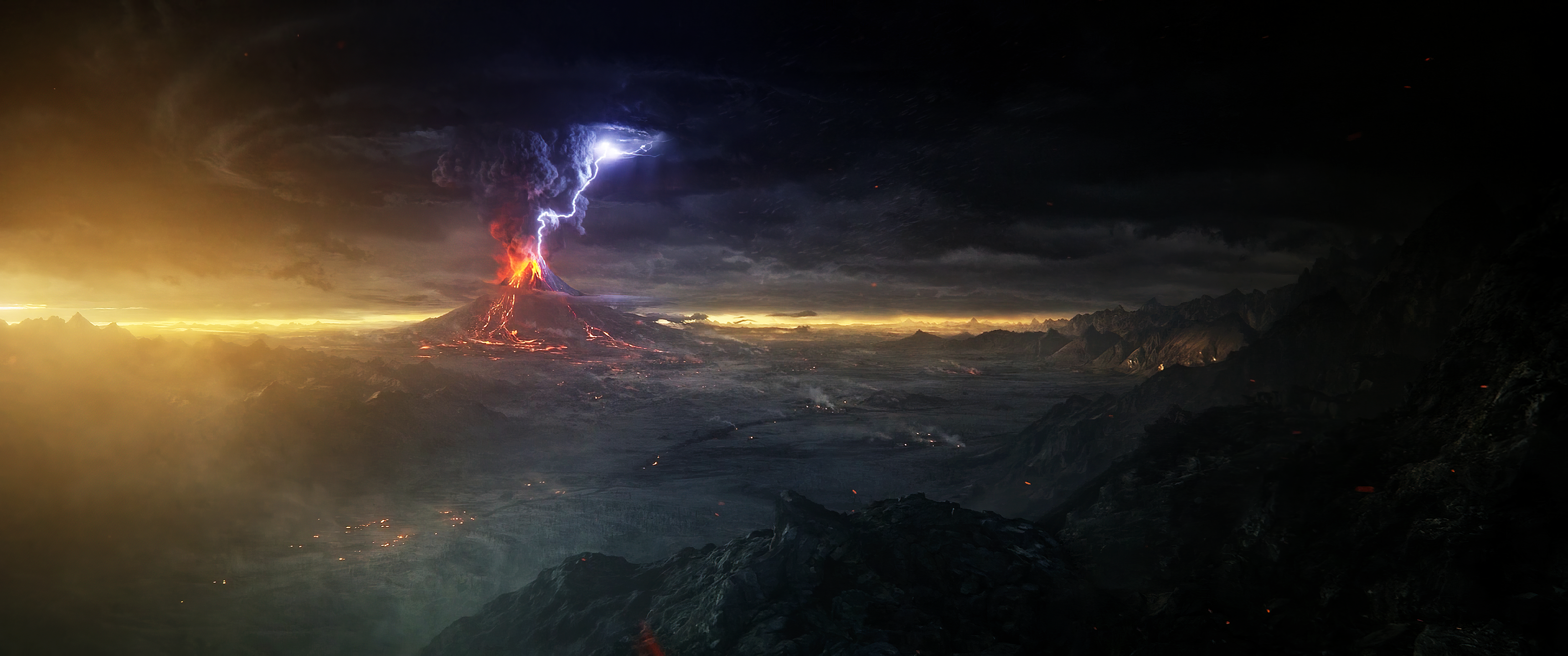 Mordor Volcano Erupting with Lightning and Lava HD Wallpaper