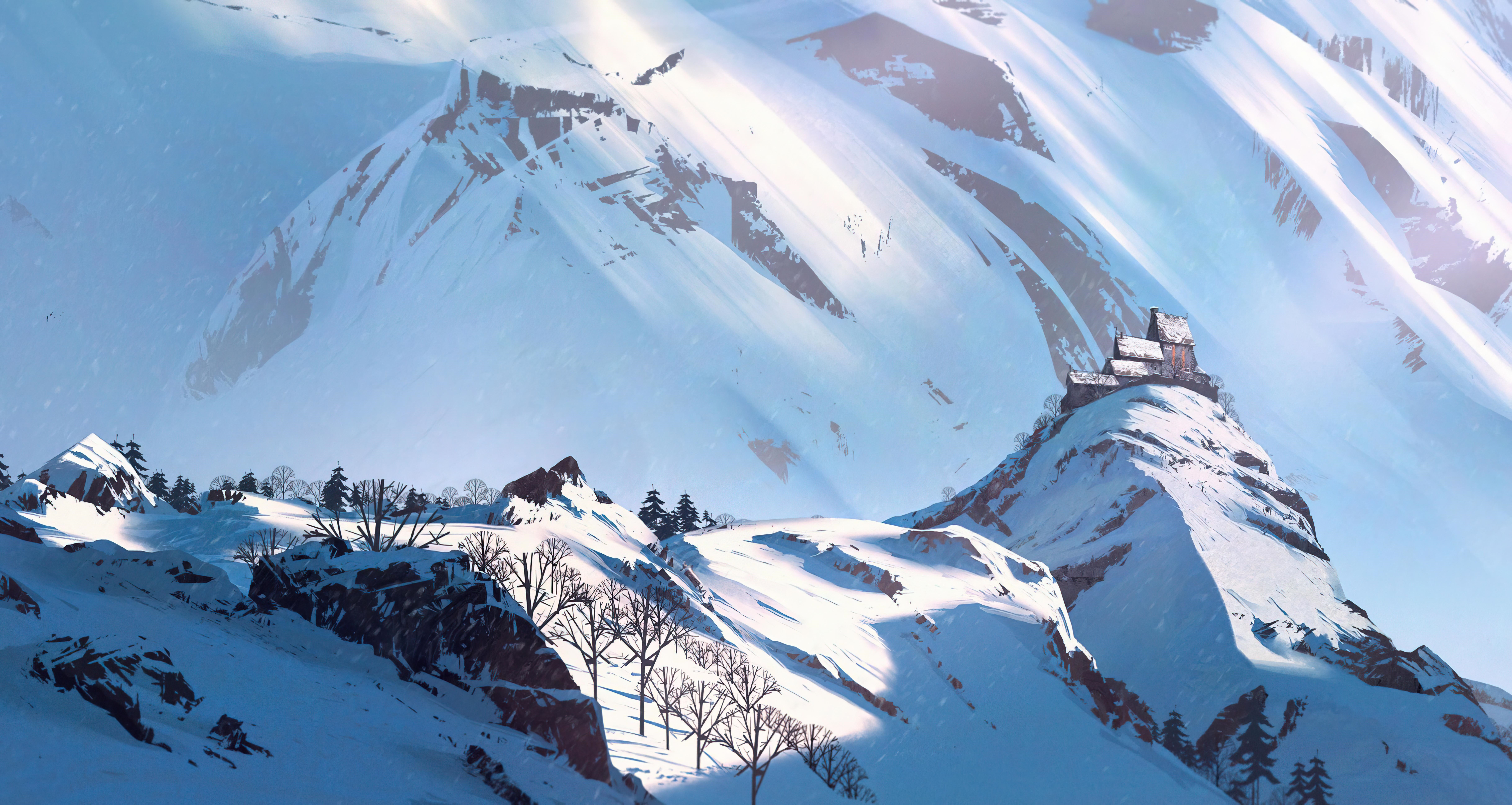 4K Winter Snow Mountains with Castle HD Wallpaper