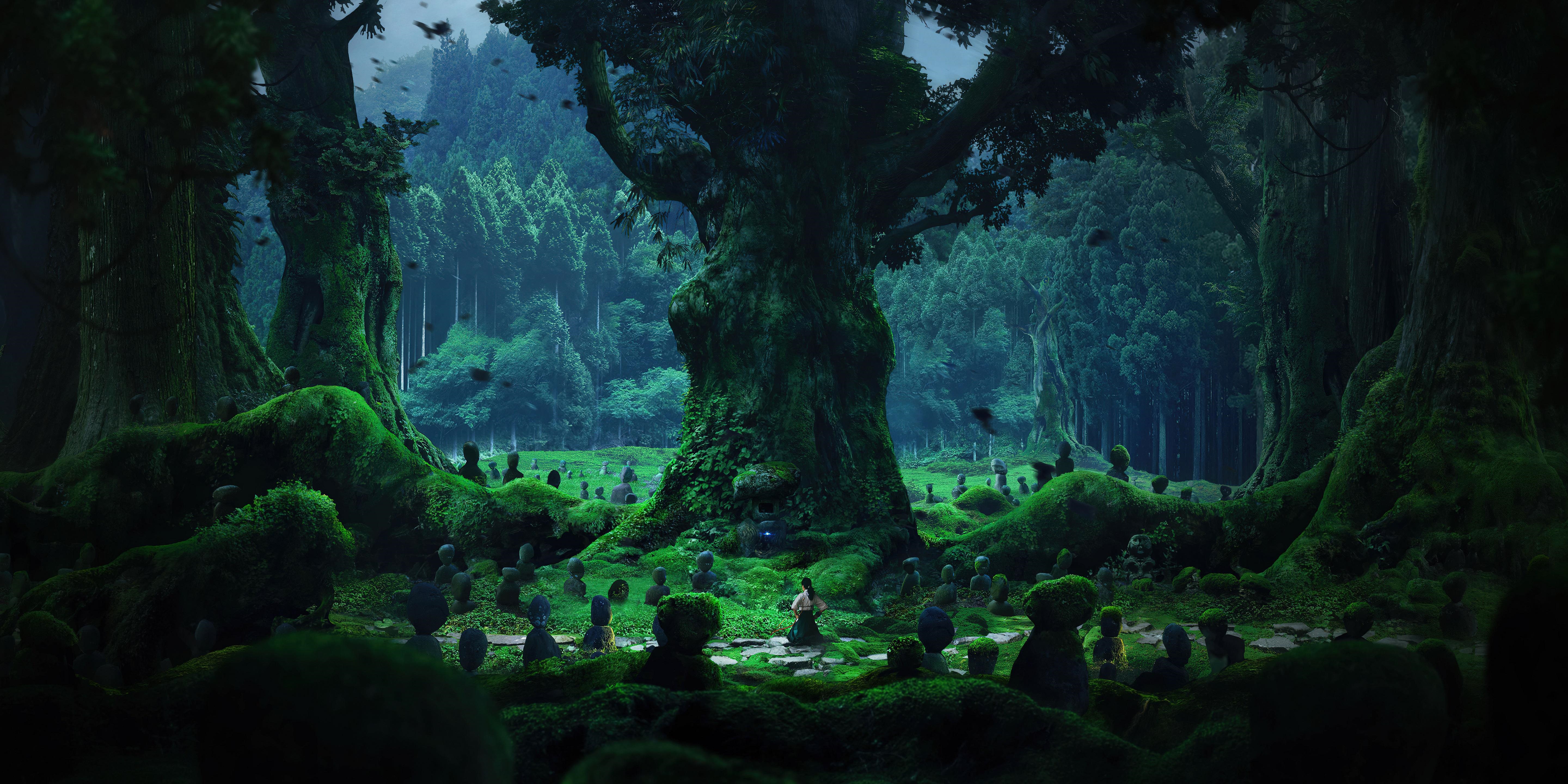 4K Forest with Ancient Trees and Stone Figures HD Wallpaper