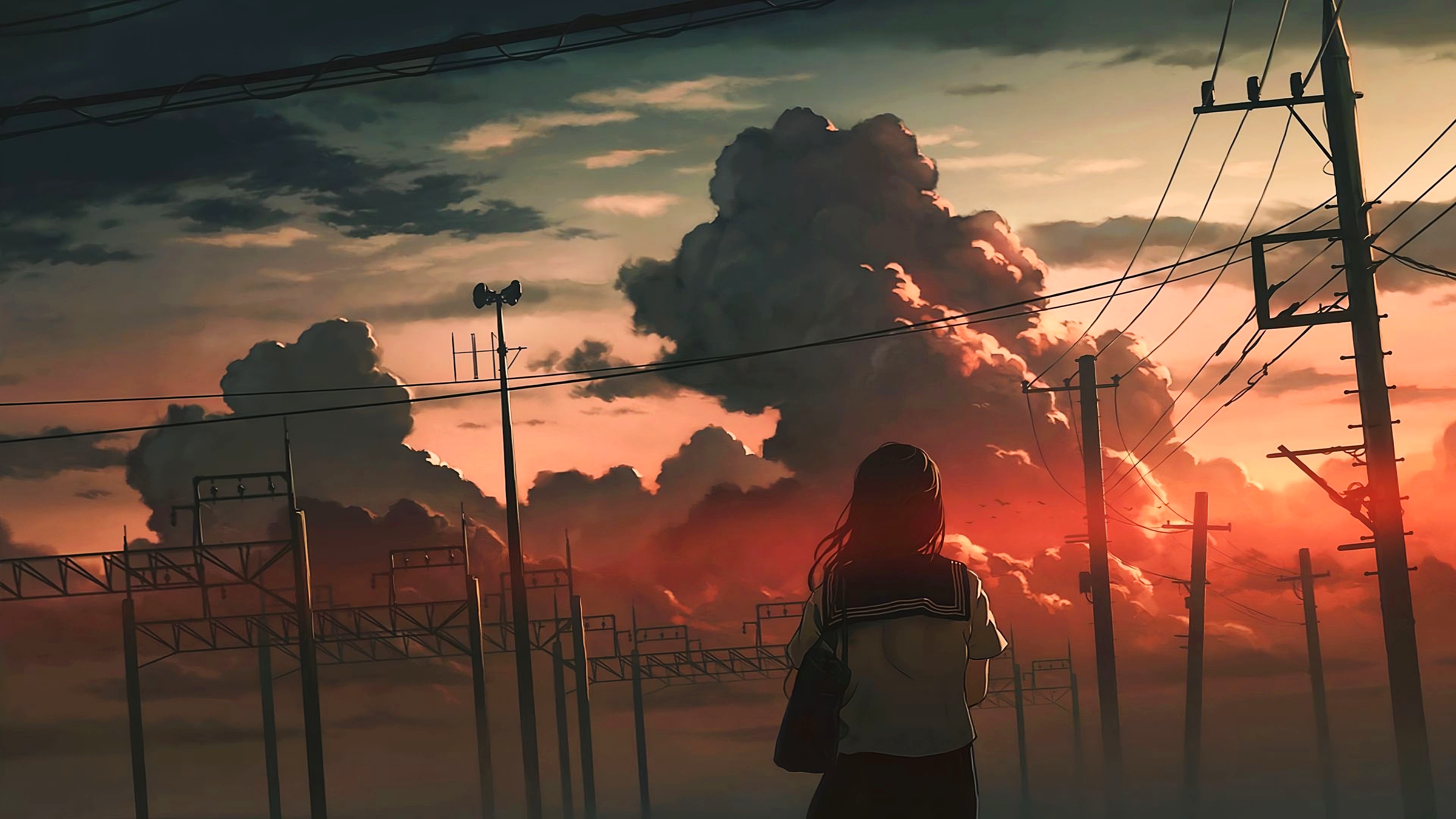 4K sunset with schoolgirl and clouds HD Wallpaper