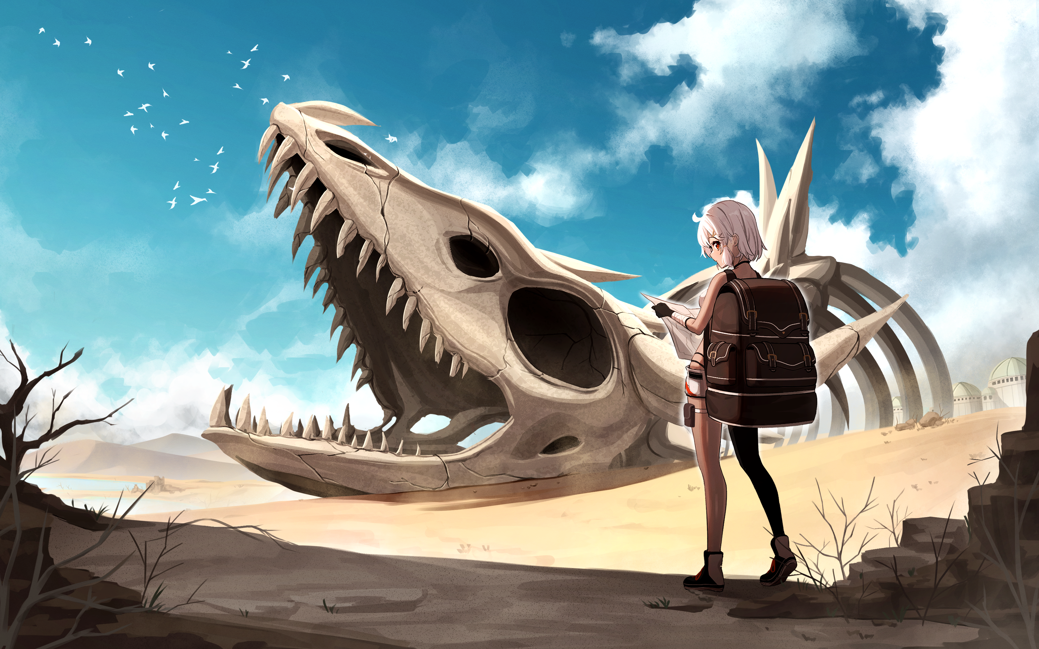 Girl with backpack near giant dragon bones in desert HD Wallpaper