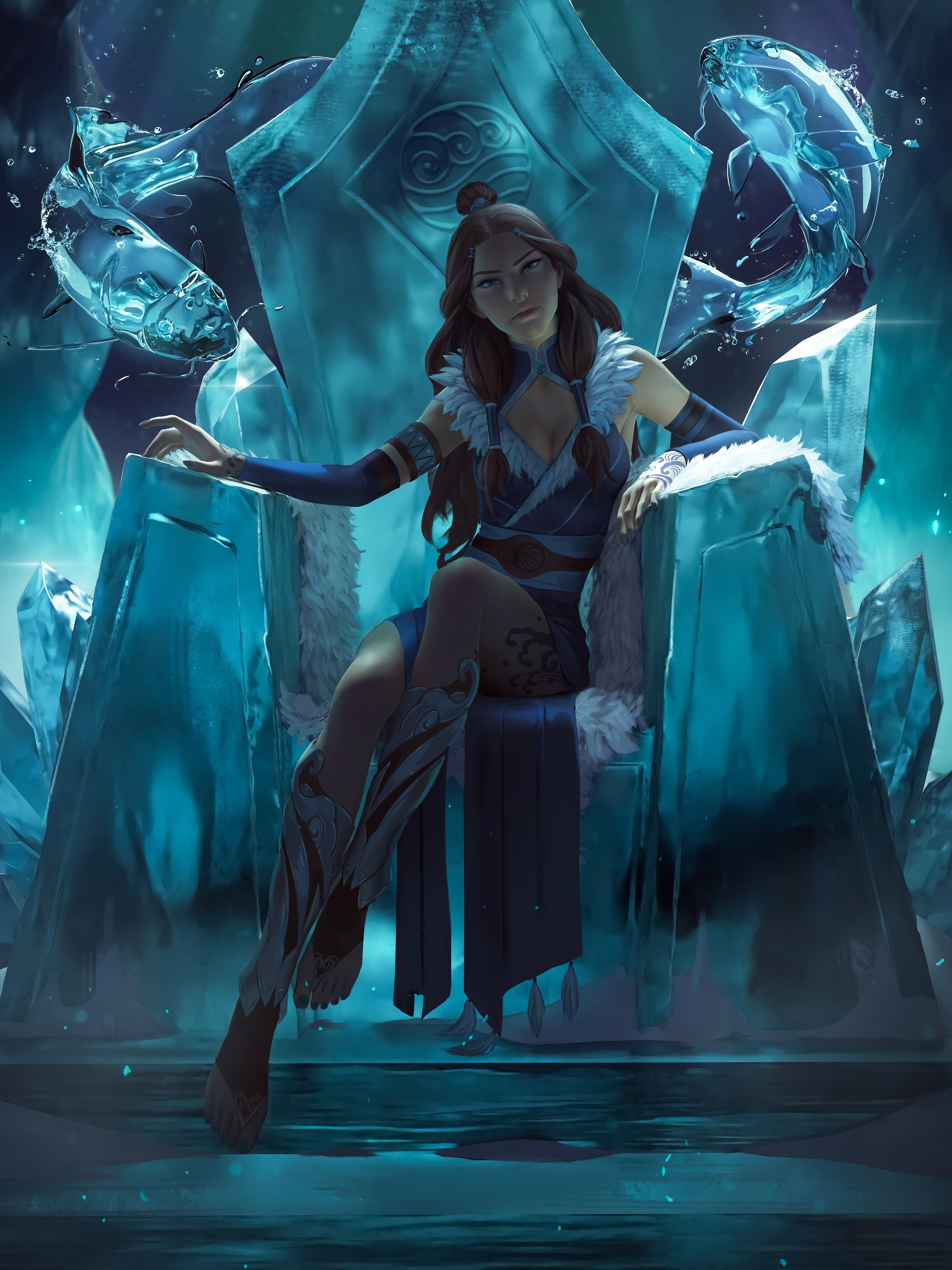 Katara on an ice throne with water fish HD Phone Wallpaper