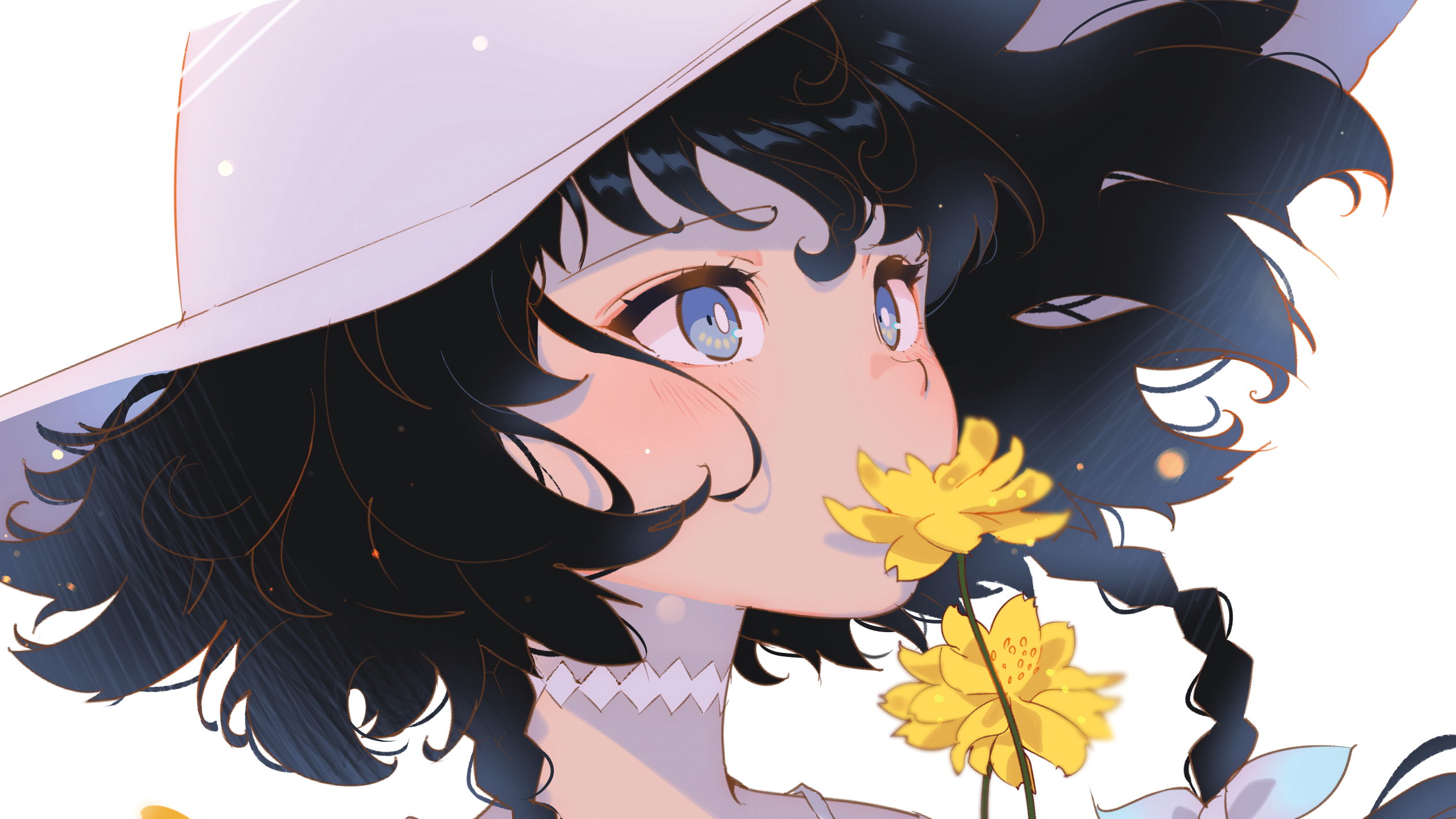 Girl with blue eyes and flowers wearing a hat HD Wallpaper