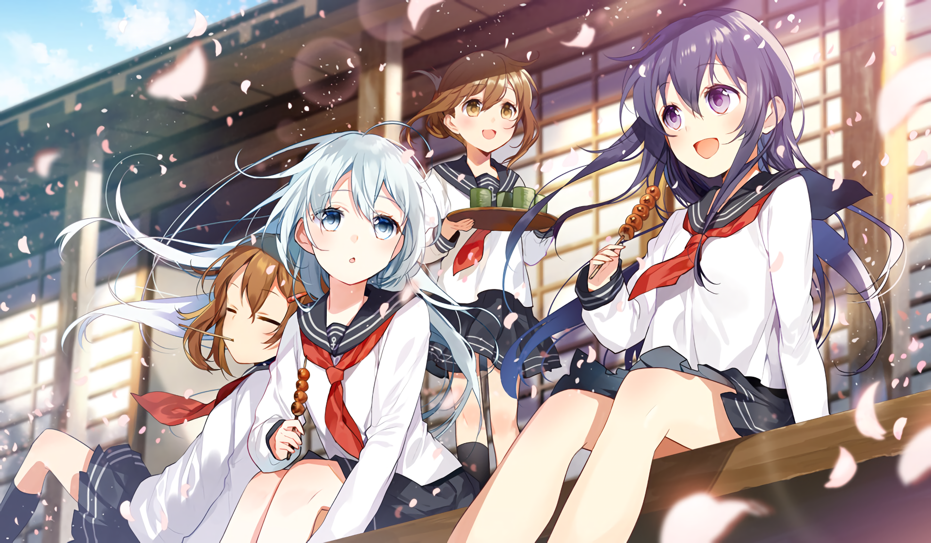 Kantai Collection girls eating dango under petals HD Wallpaper