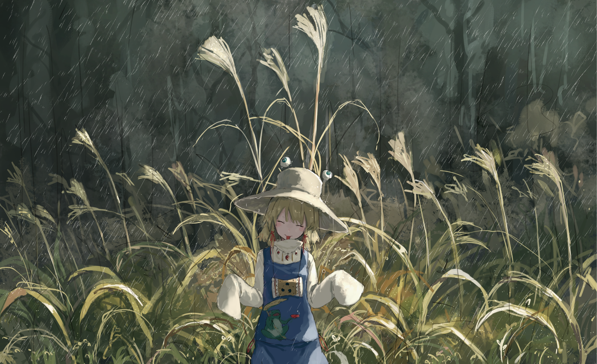 Moriya Suwako in the rain with tall grass HD Wallpaper