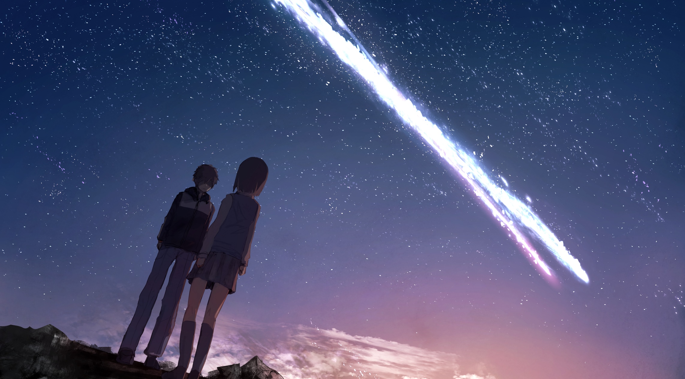 Kimi no Na Wa: Two people watch a meteor shower HD Wallpaper