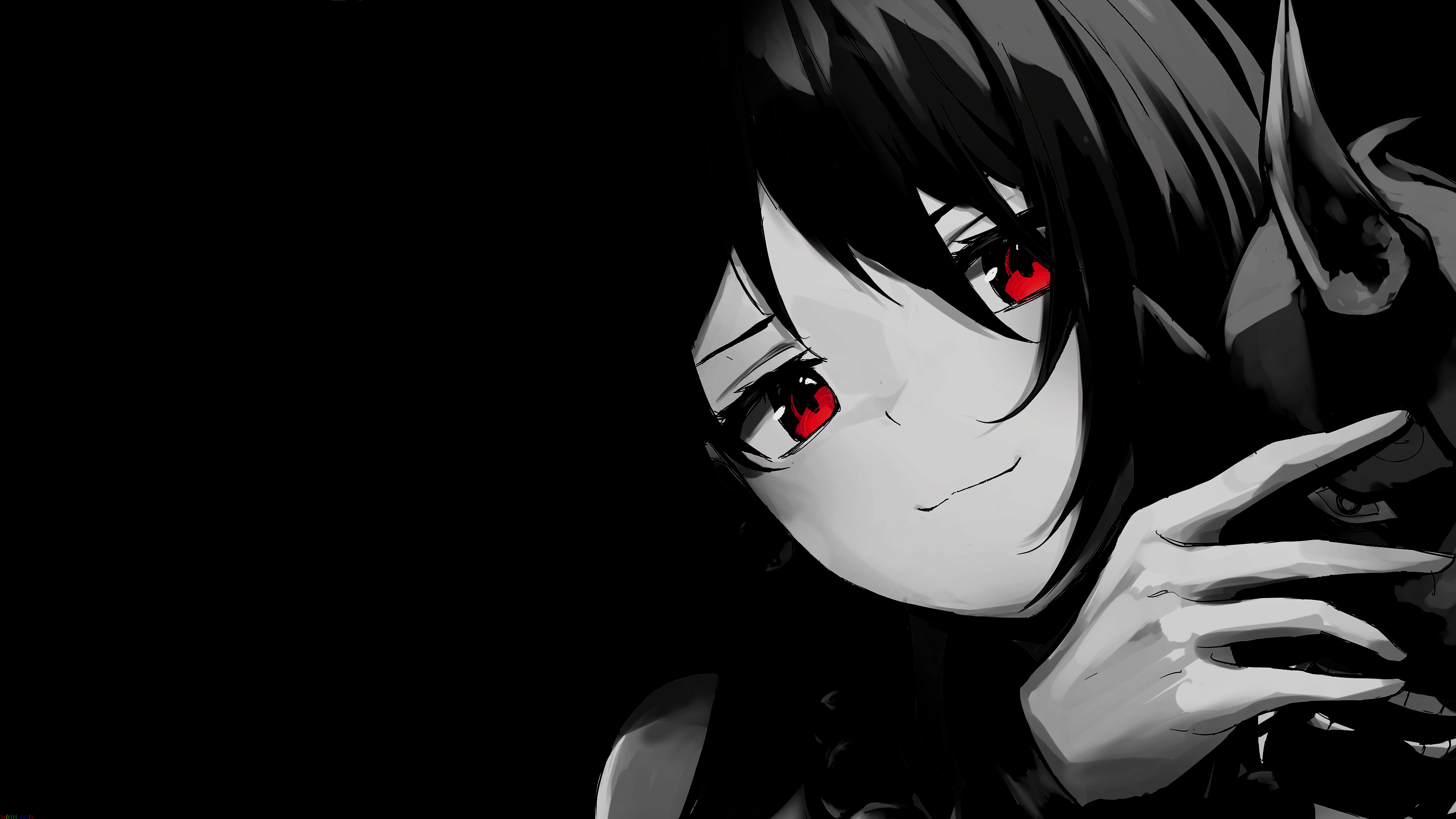 Anime girl with red eyes on black background HD Wallpaper