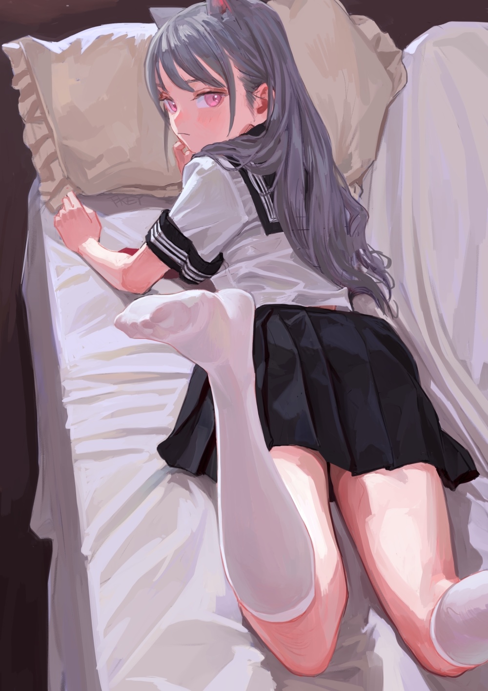 Anime girl in school uniform lying on bed HD Phone Wallpaper