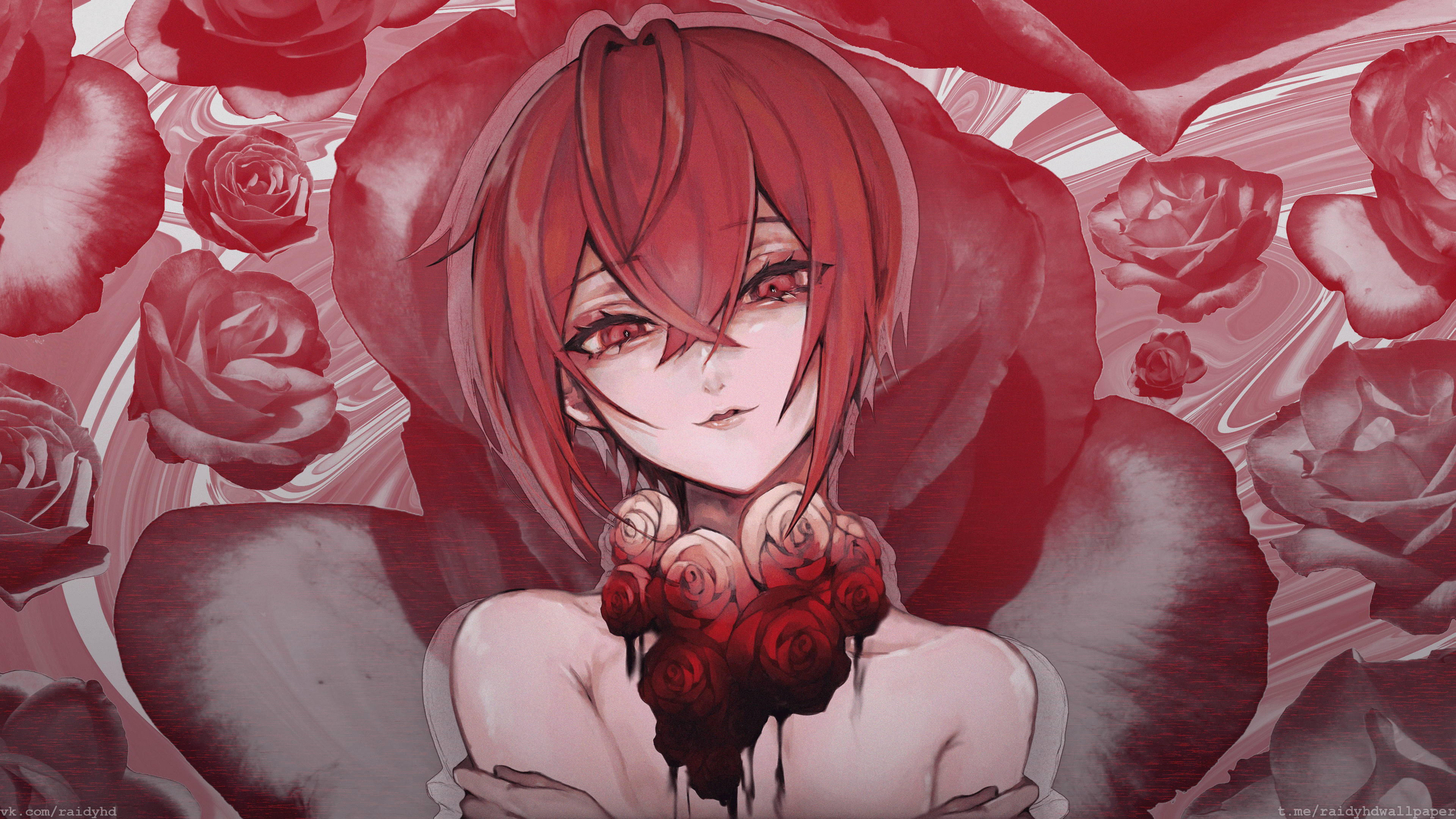 Anime character with red eyes surrounded by roses HD Wallpaper