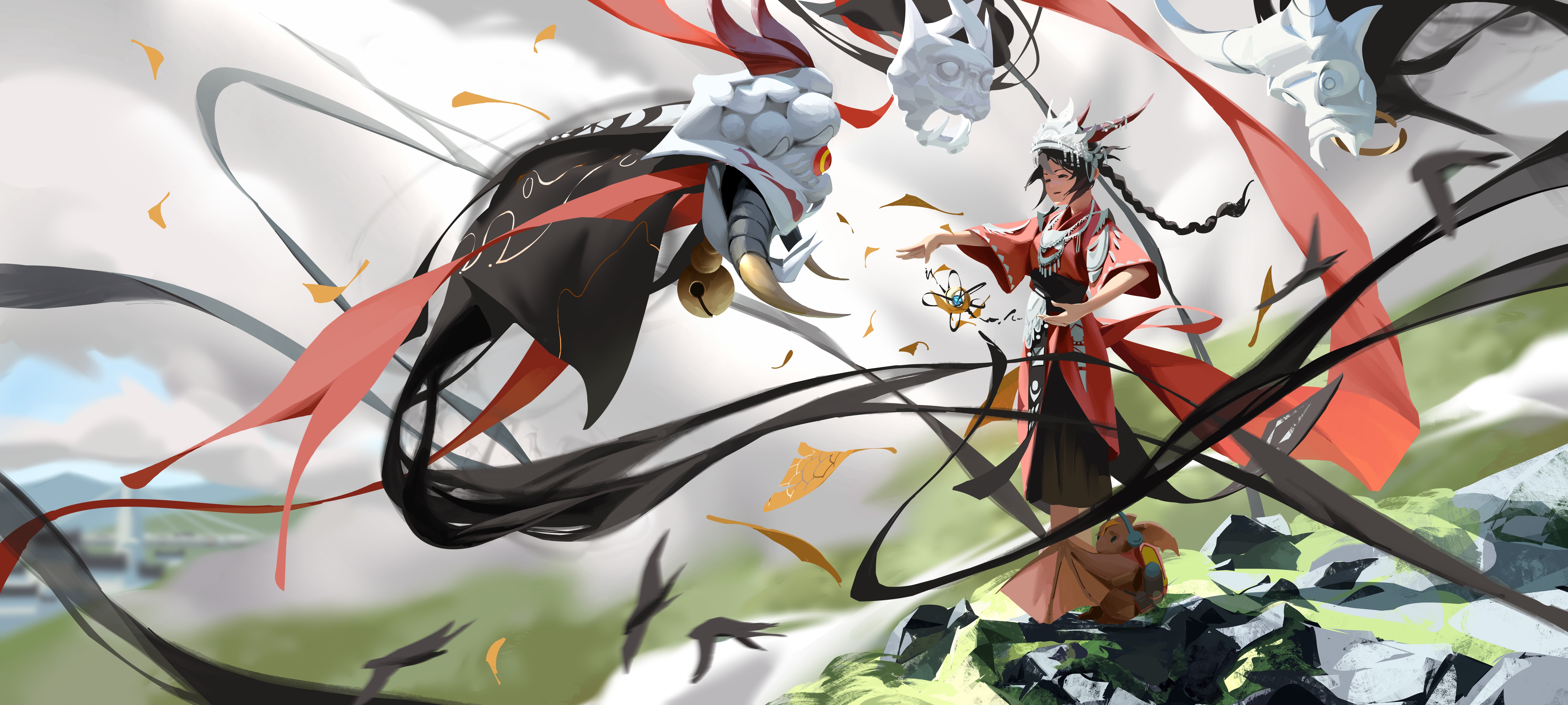 Fantasy art of a girl and a creature HD Wallpaper