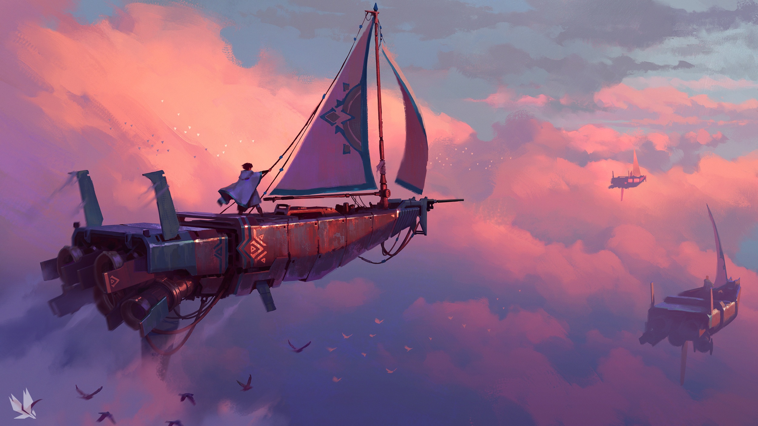 Steampunk airships sailing through colorful clouds HD Wallpaper