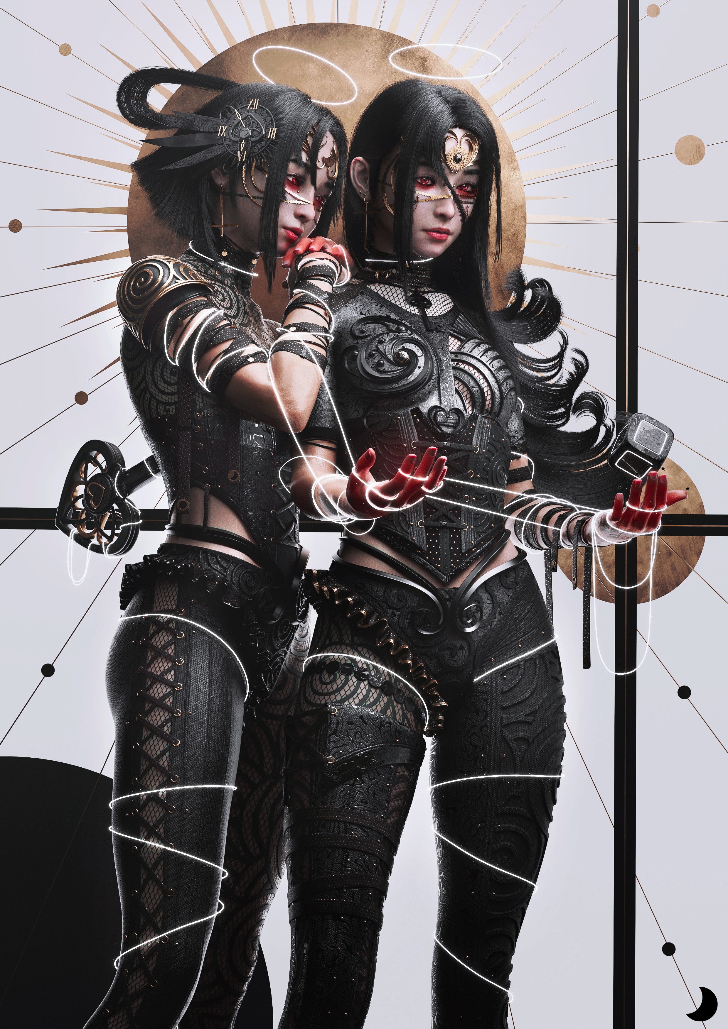 Two women with red eyes and dark hair in black outfits HD Phone Wallpaper