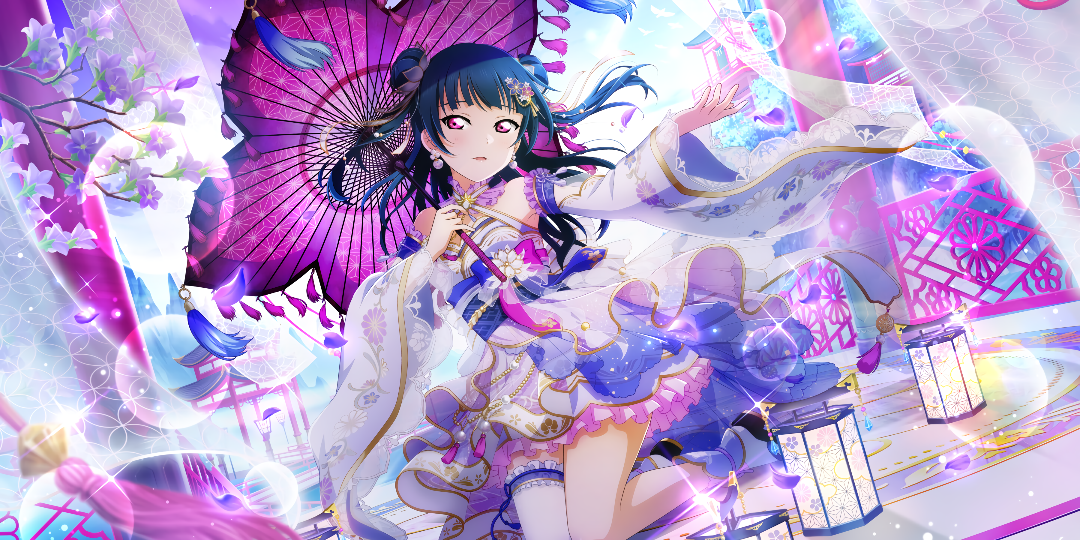 Tsushima Yoshiko with Umbrella and Flowers HD Wallpaper