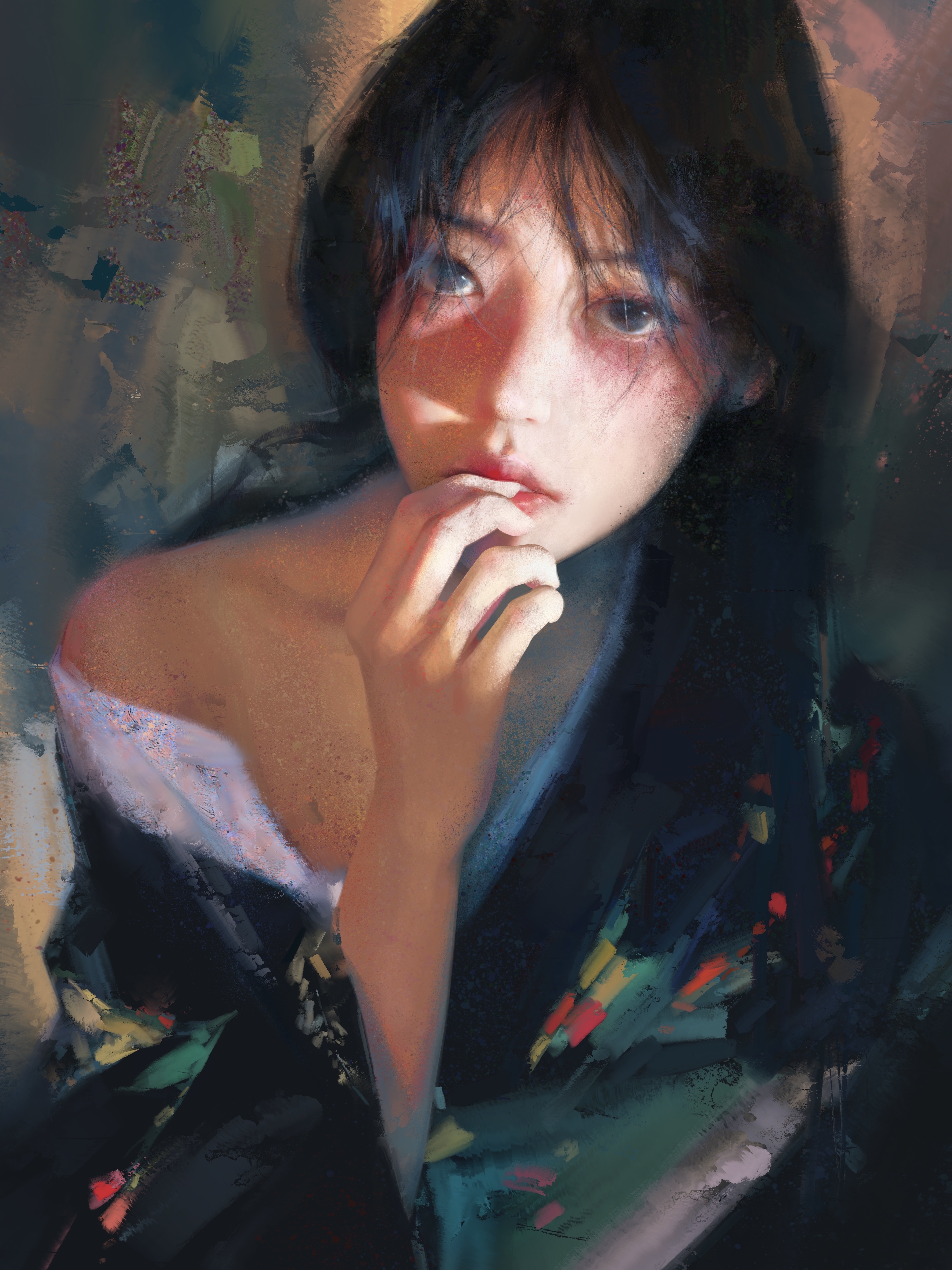 Asian woman in kimono with finger on lips HD Phone Wallpaper