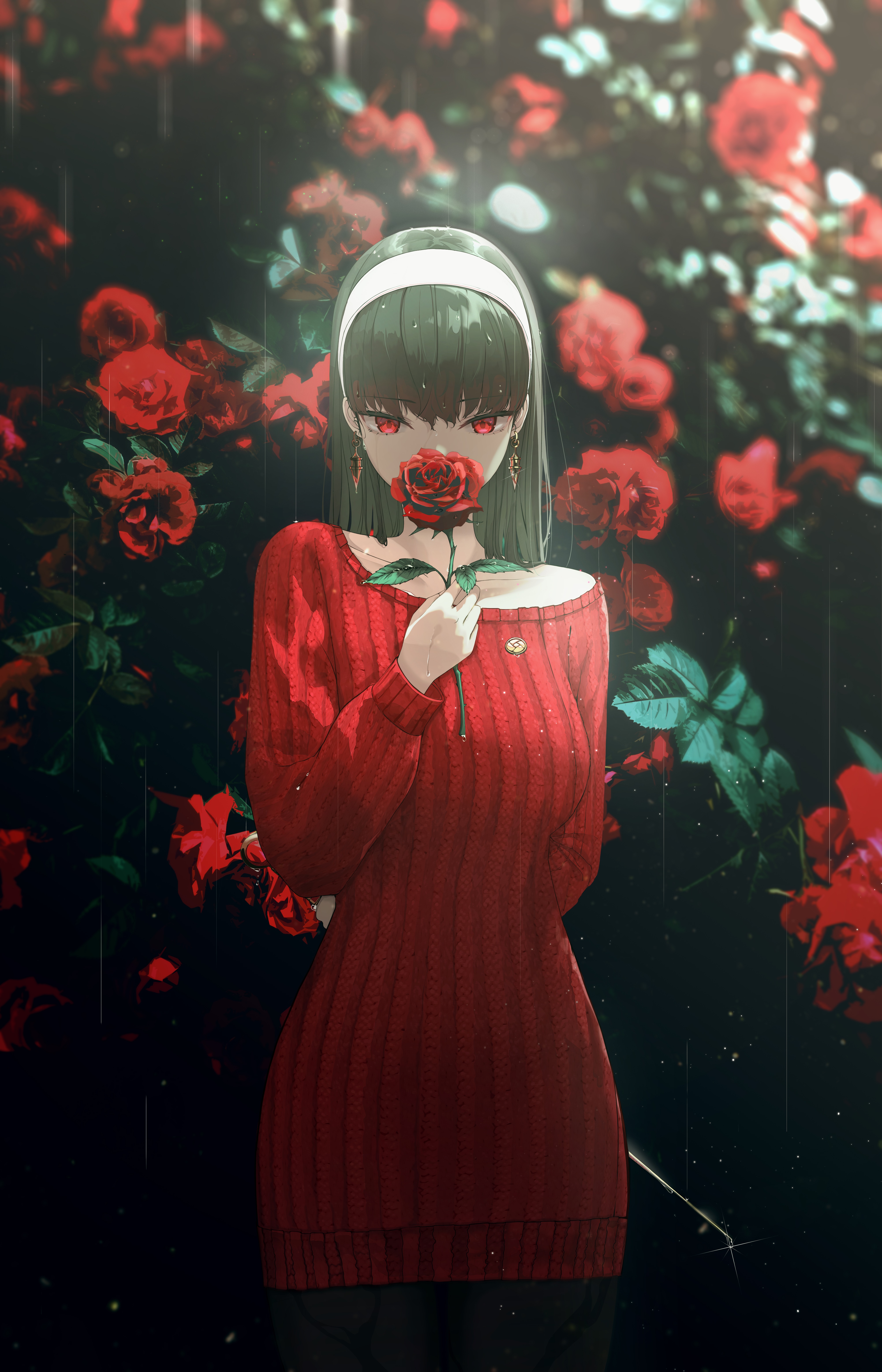 Yor Forger holding a rose in front of red flowers HD Phone Wallpaper