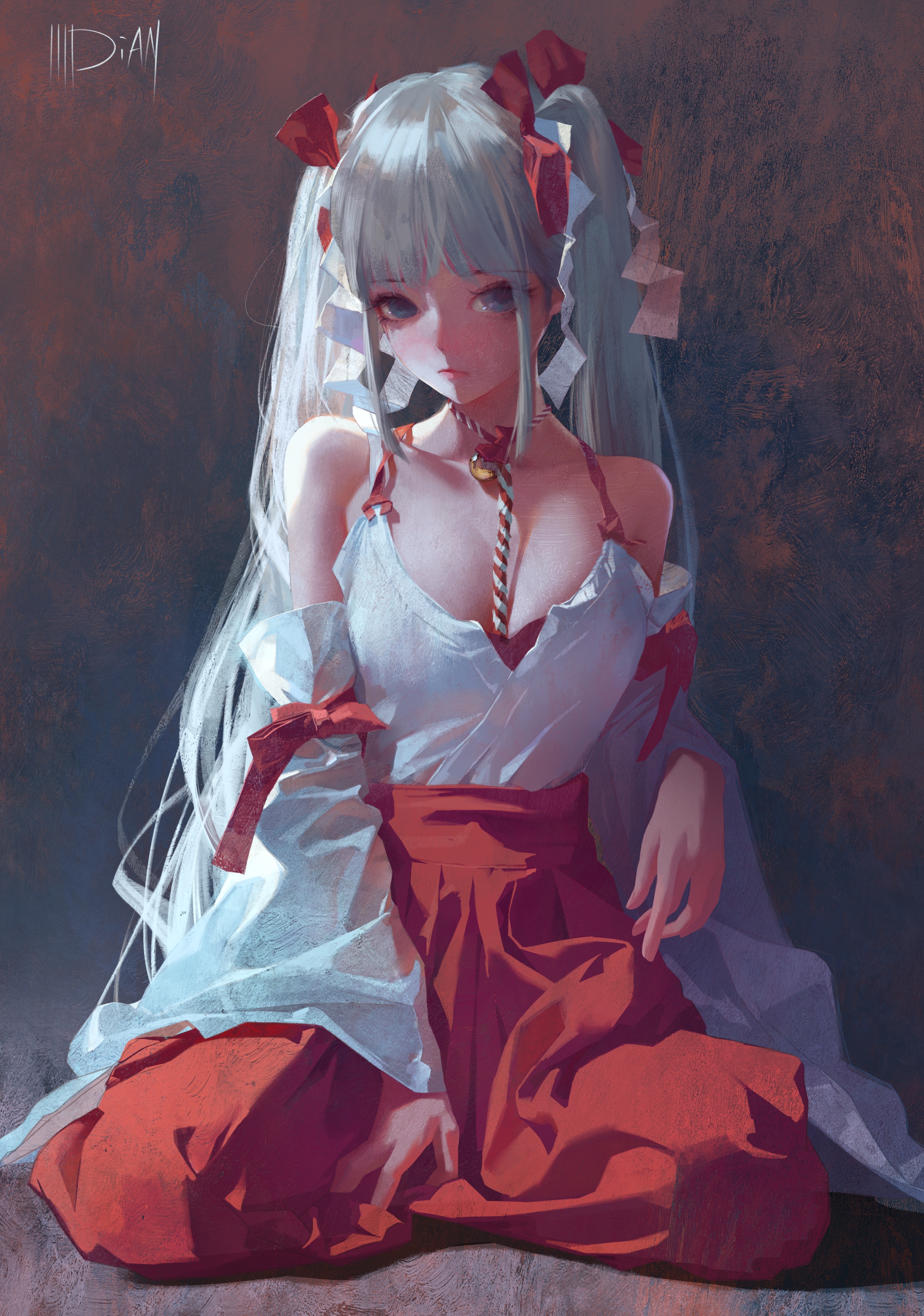 Miko with silver hair and red skirt HD Phone Wallpaper