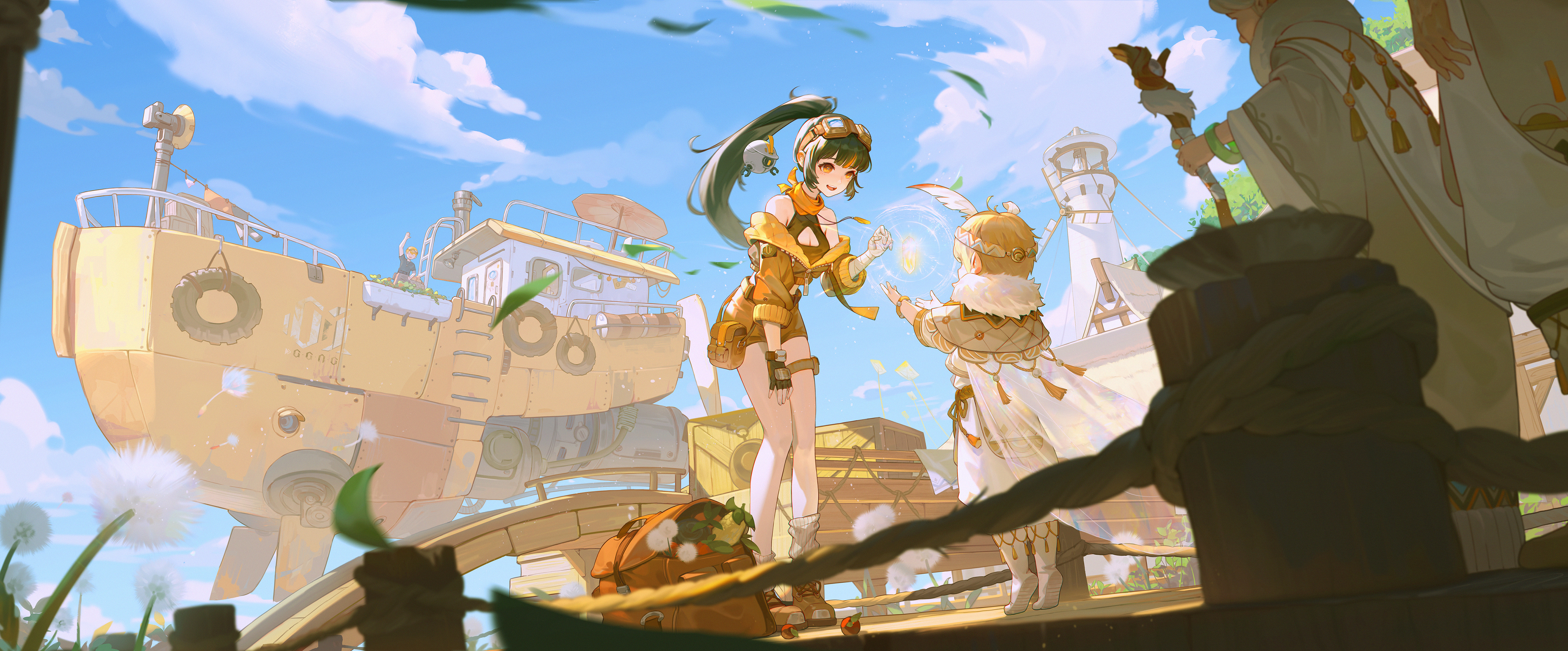 Anime characters on a boat with dandelions HD Wallpaper