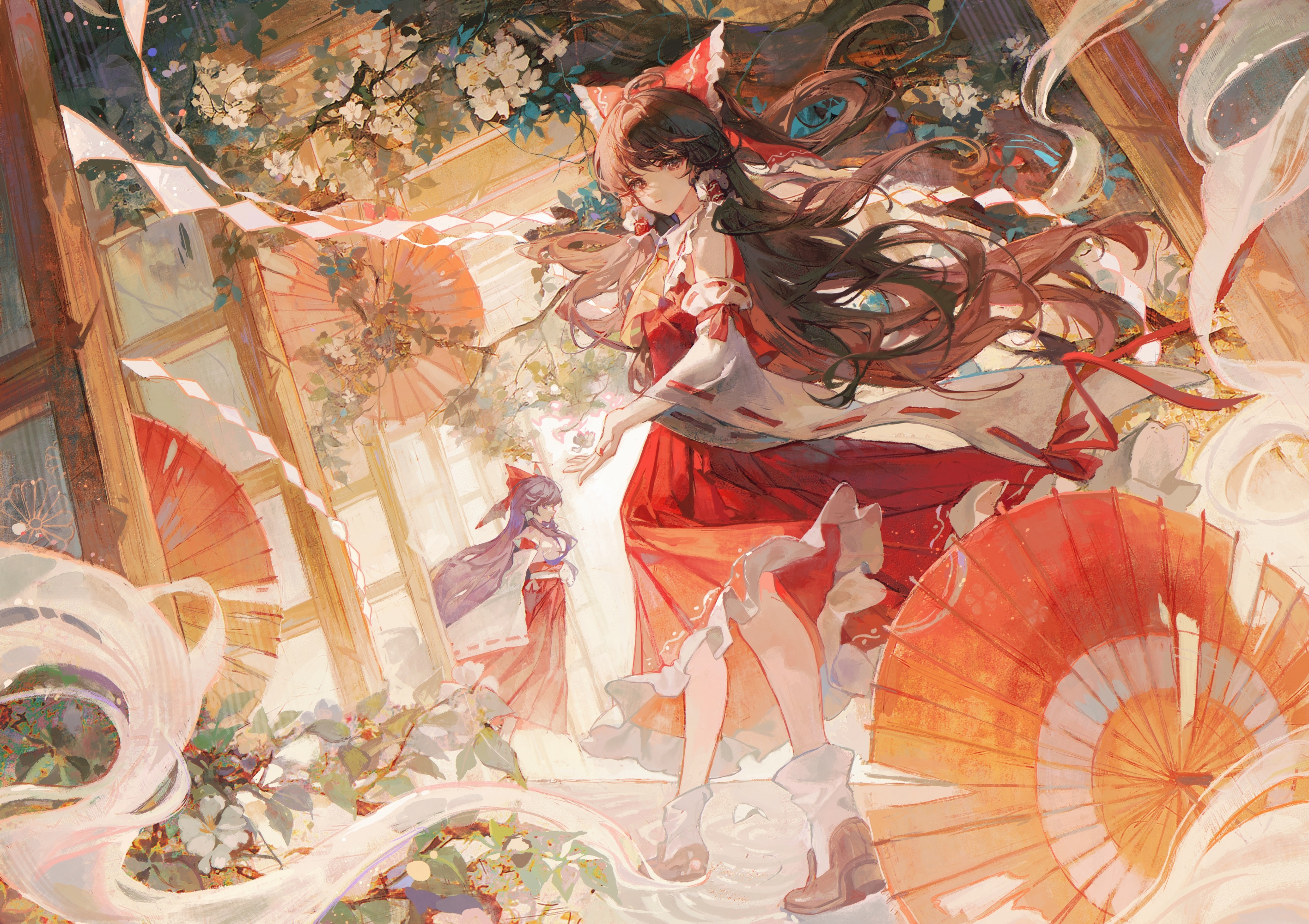Hakurei Reimu and another girl with umbrellas HD Wallpaper
