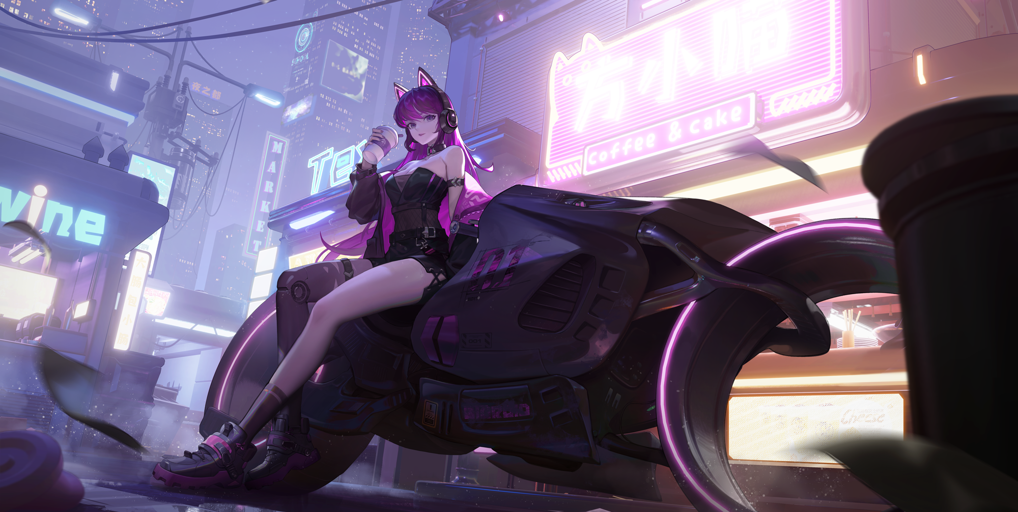 Girl with cat ears on a futuristic motorcycle in a cyberpunk city HD Wallpaper