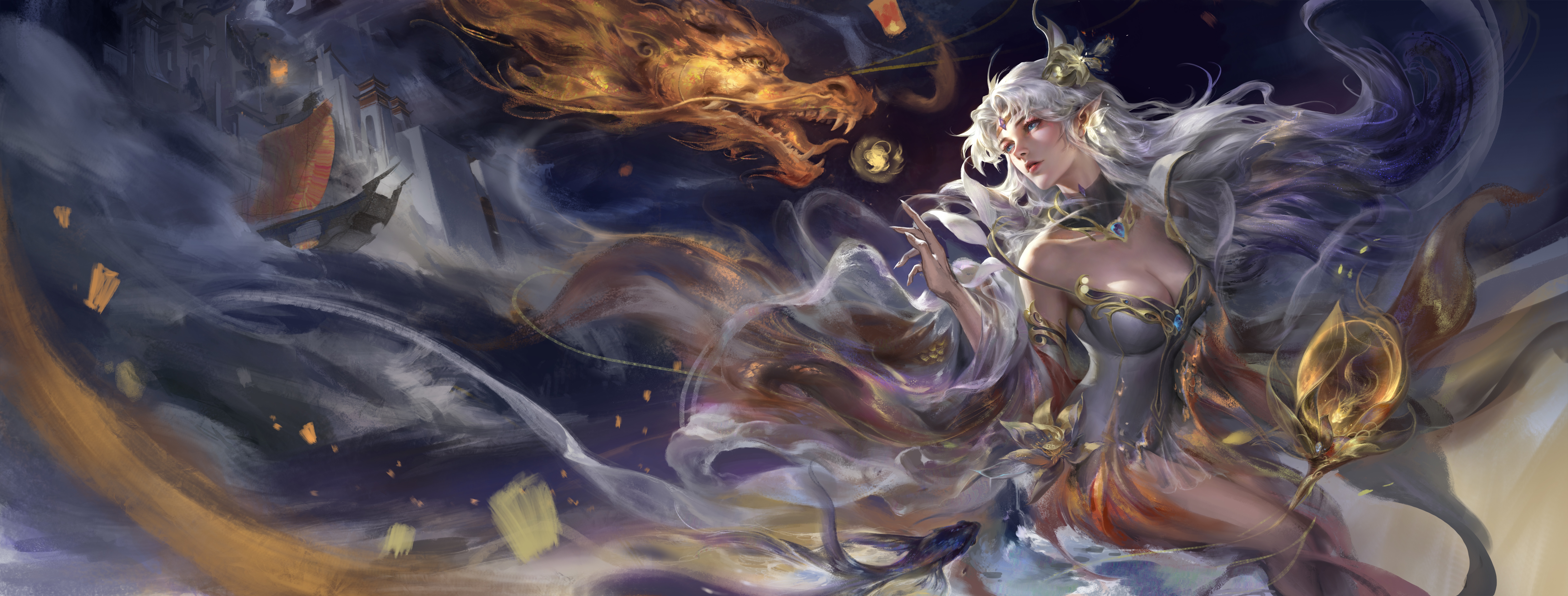 4K Diao Chan with Chinese Dragon and Fantasy Architecture HD Wallpaper